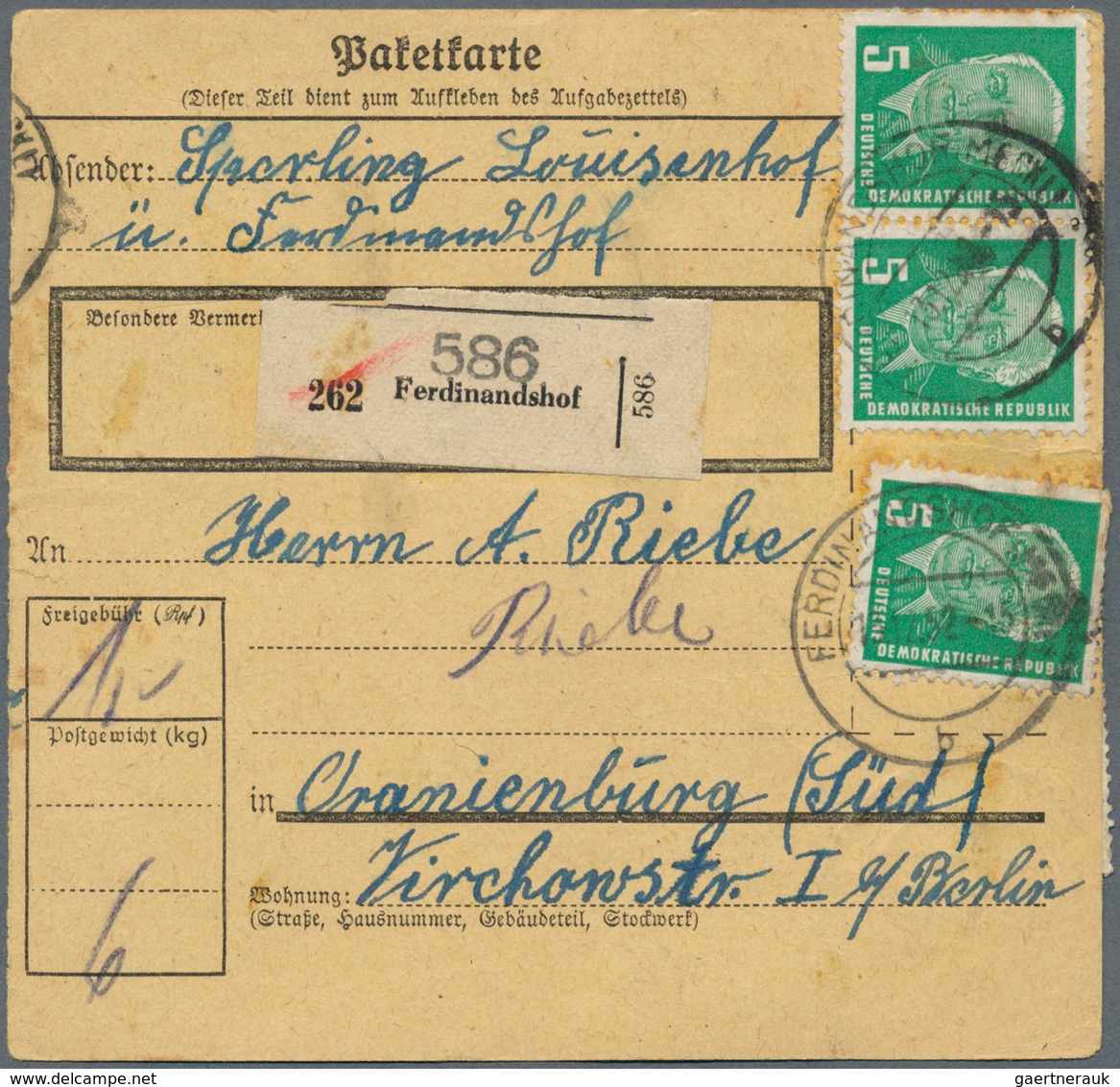 20200 DDR: 1952, 5 Pf Pieck, 3 Versch. Paketkarten Mit Massen-Mehrfachfrankaturen, Dabei 18 Stück Auf PK V - Other & Unclassified