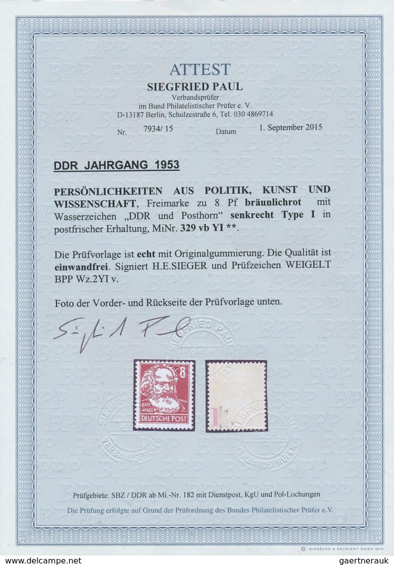 20202 DDR: 1953, 8 Pfg. Marx Bräunlichrot, Wasserzeichen 2 YI, Postfrisches Luxusstück, Signiert, Fotoatte - Other & Unclassified