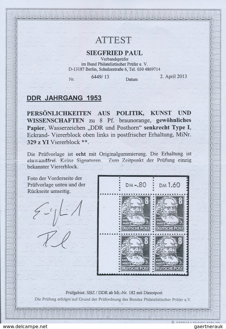 20203 DDR: 1952, 68 Pfg. Marx Braunorange, Wasserzeichen 2 YI, Postfrisch Vom Oberrand, Luxusstück, Attest - Other & Unclassified