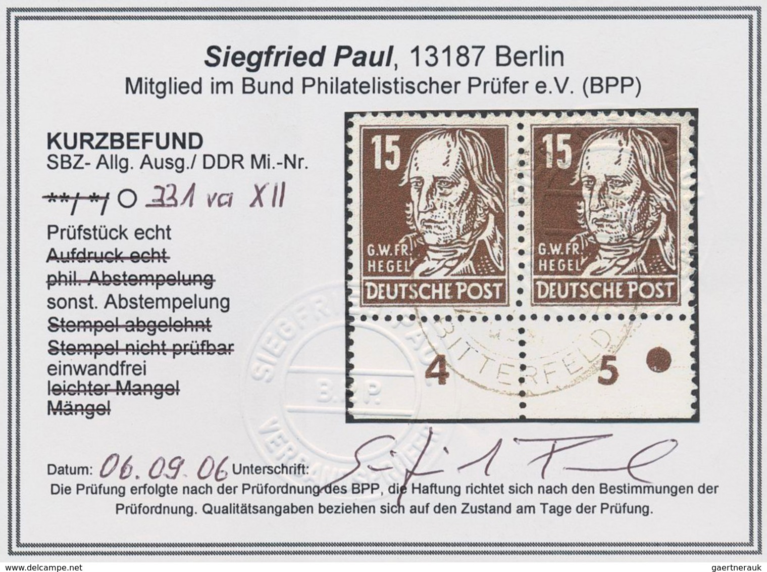 20204 DDR: 1953, 15 Pf Dunkelbraun Köpfe, Waagerechtes Paar Vom Unteren Bogenrand (Feld 94+95), Tadellose - Other & Unclassified