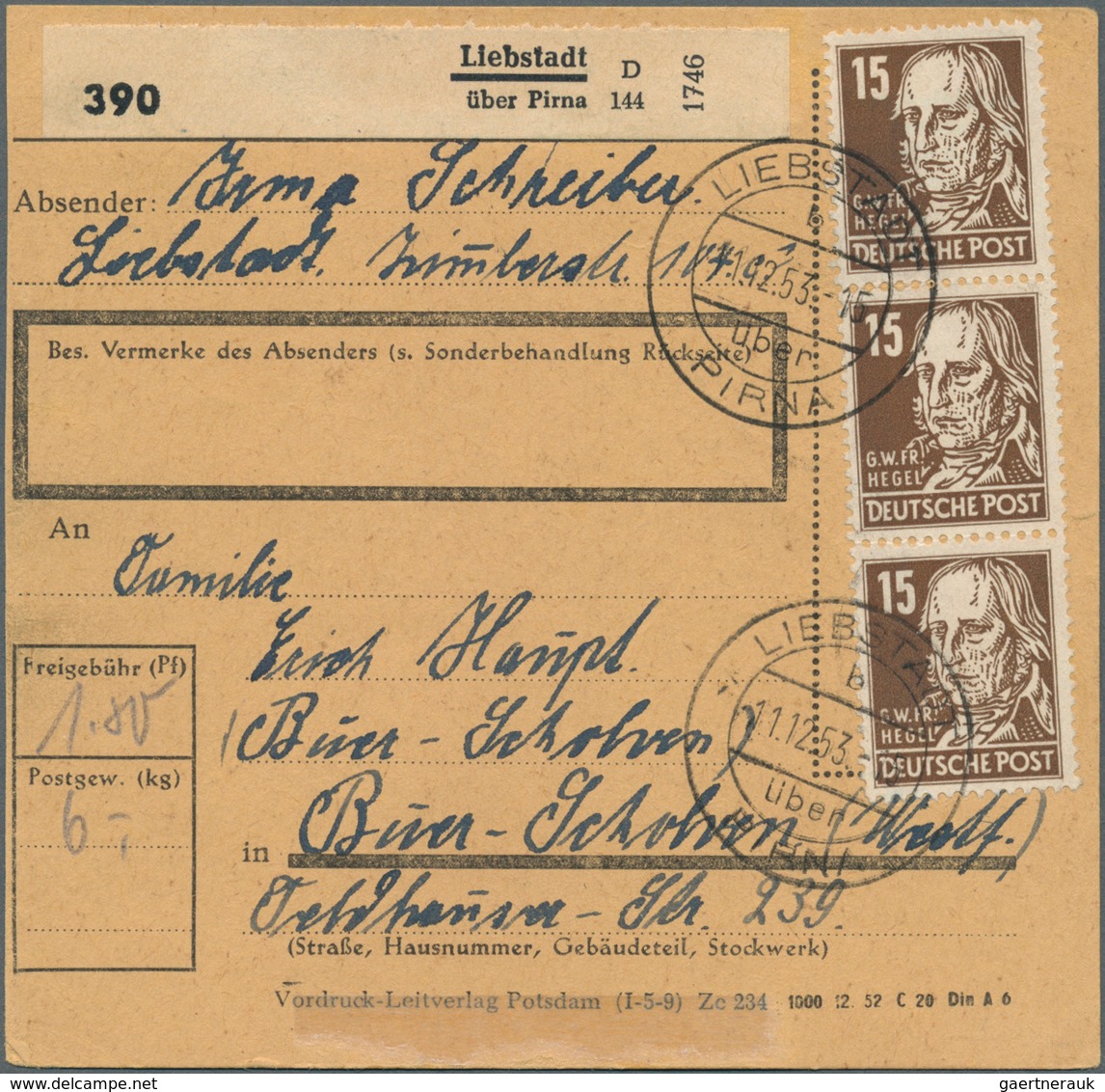 20205 DDR: 1953, 15 Pf Köpfe Dkl'braun, 12 Stück Als Portogerechte Massen-MeF Auf Paketkarte Von Liebstadt - Other & Unclassified