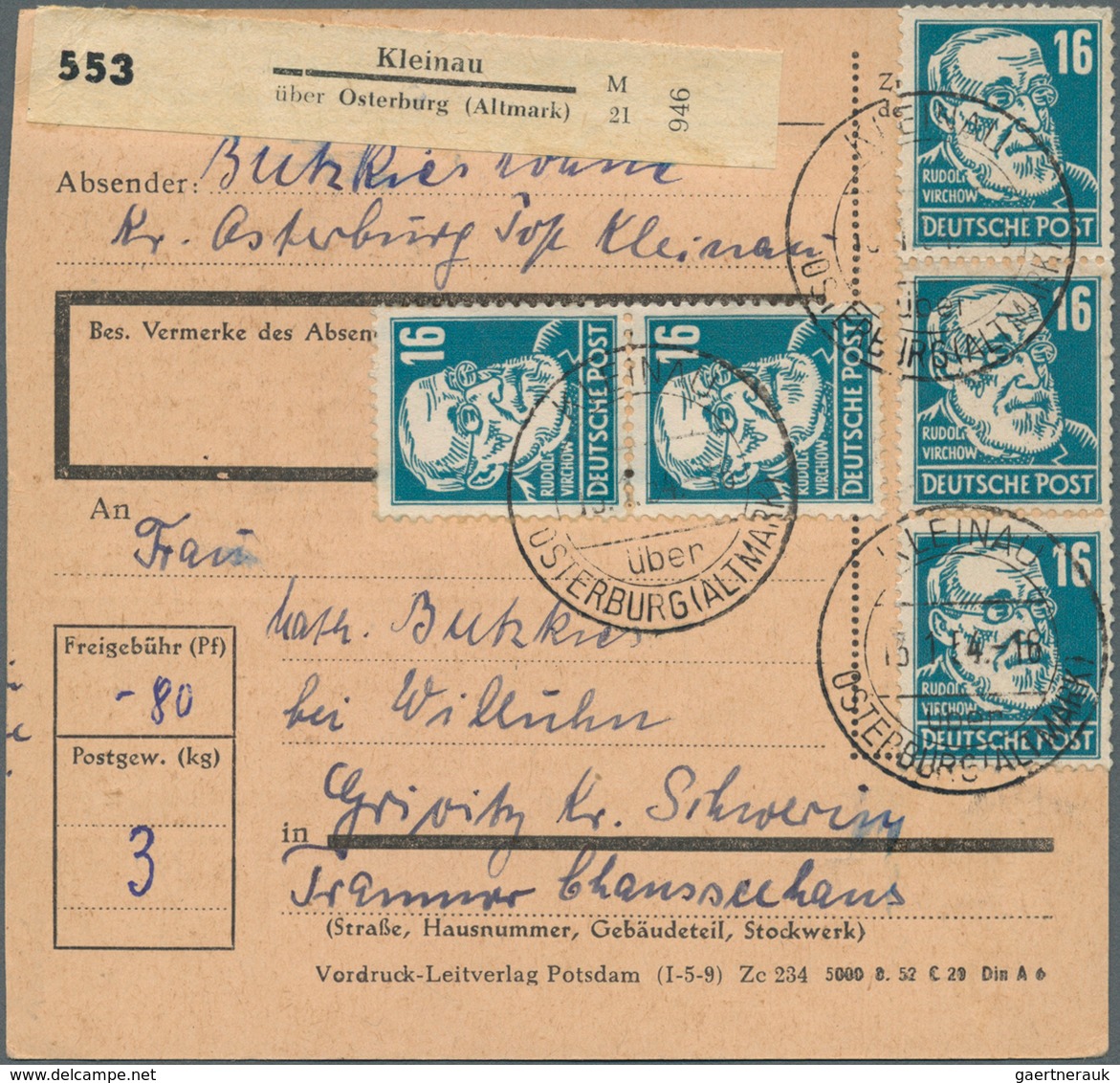 20208 DDR: 1952, 16 Pf Blaugrün Köpfe, 5 Stück Als Portogerechte MeF Auf Paketkarte Von Kleinau über Oster - Other & Unclassified