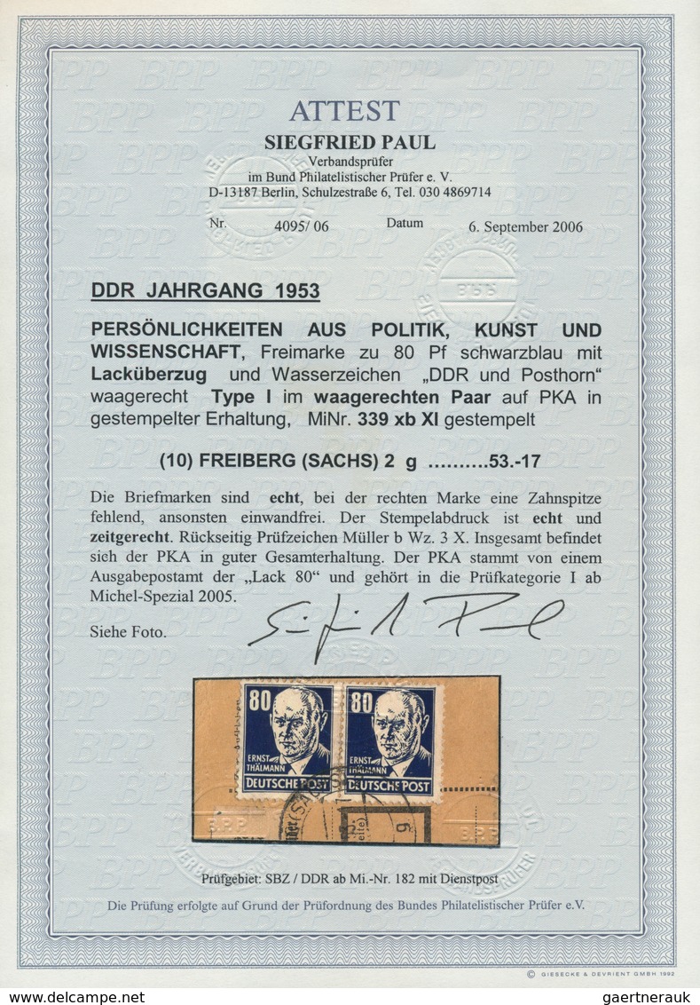 20222 DDR: 1953, 80 Pf Schwarzblau Köpfe, Mit Lacküberzug, Waager. Paar Auf Paketkartenabschnitt, Entwerte - Other & Unclassified