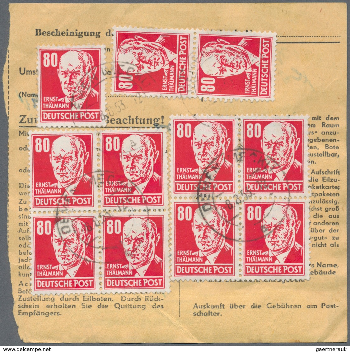 20226 DDR: 1953, 80 Pf Dkl'rosarot Köpfe, 13 Stück Als Portogerechte Massen-MeF Auf Wert-Paketkarte Für 2 - Other & Unclassified