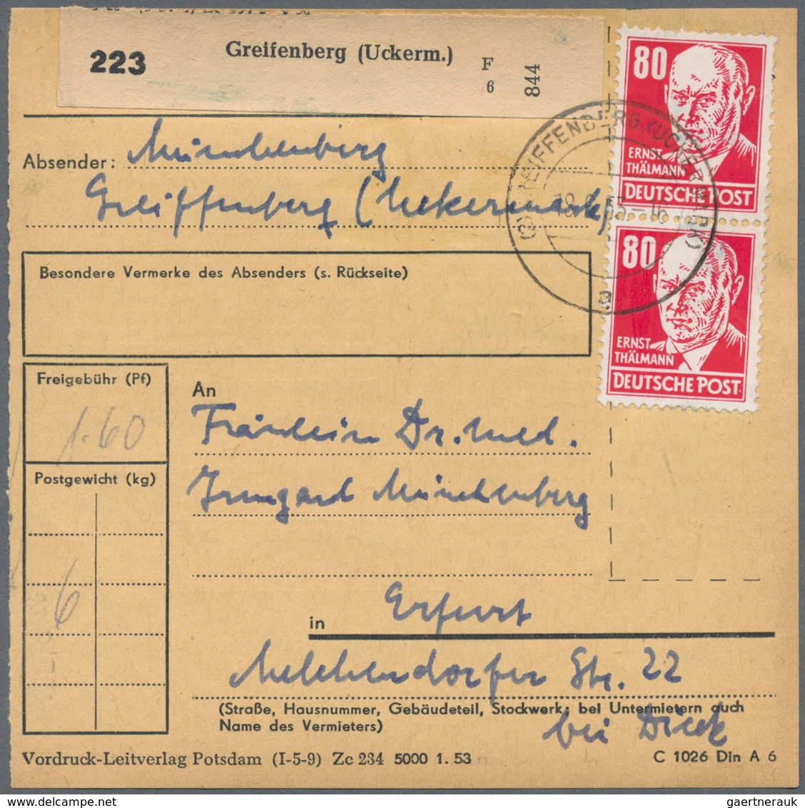 20227 DDR: 1953, 80 Pf Dkl'rosarot Köpfe, Partie Mit 3 Paketkarten, Dabei Einzelfrankatur Auf PK Von Henni - Other & Unclassified