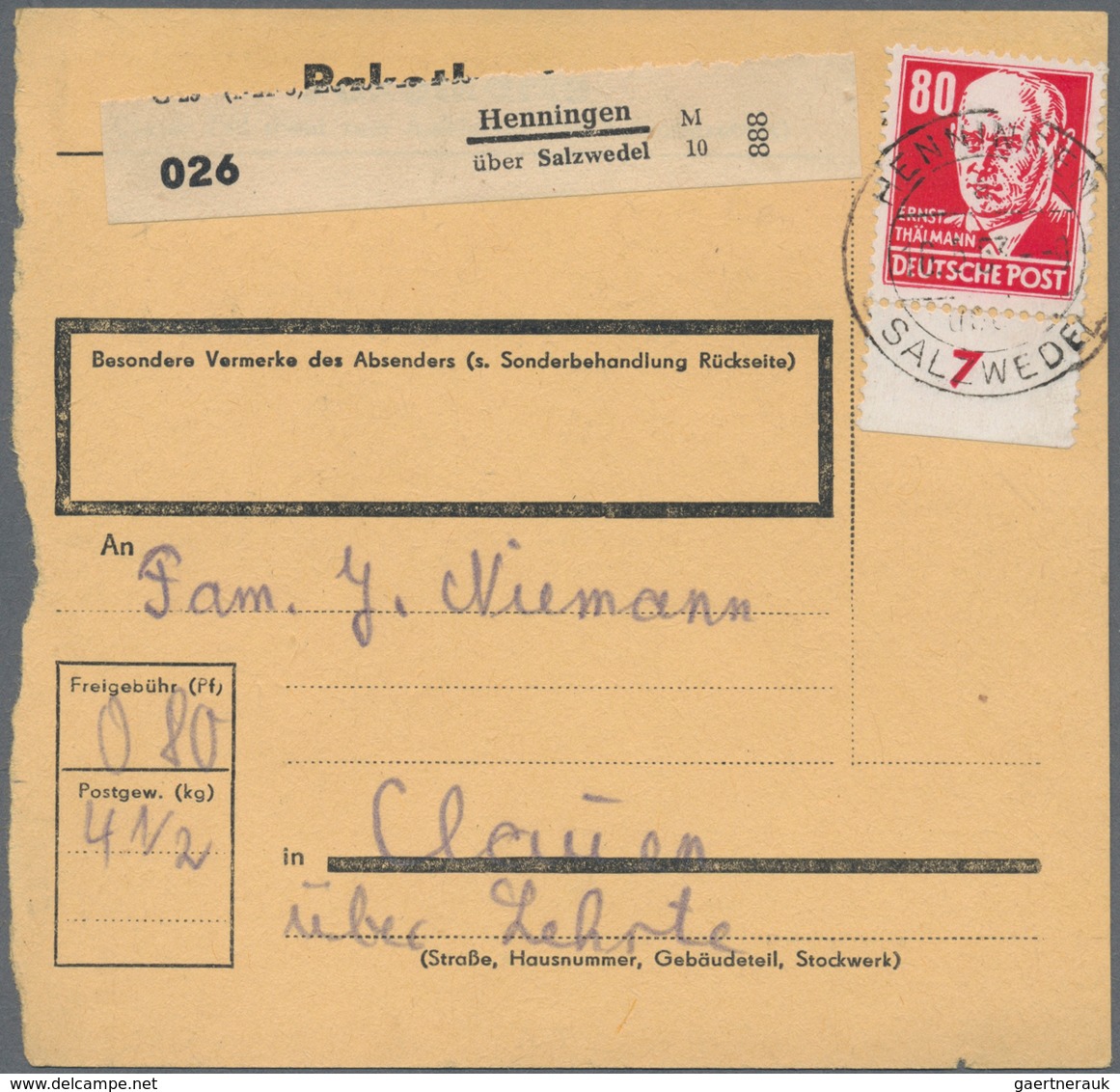 20227 DDR: 1953, 80 Pf Dkl'rosarot Köpfe, Partie Mit 3 Paketkarten, Dabei Einzelfrankatur Auf PK Von Henni - Other & Unclassified