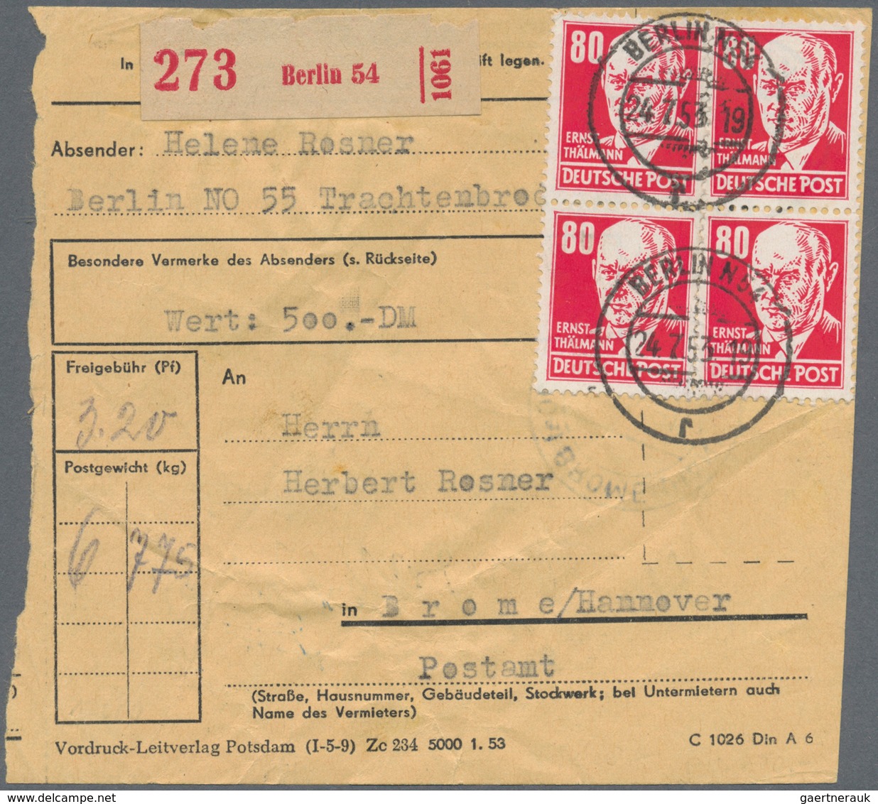 20227 DDR: 1953, 80 Pf Dkl'rosarot Köpfe, Partie Mit 3 Paketkarten, Dabei Einzelfrankatur Auf PK Von Henni - Other & Unclassified