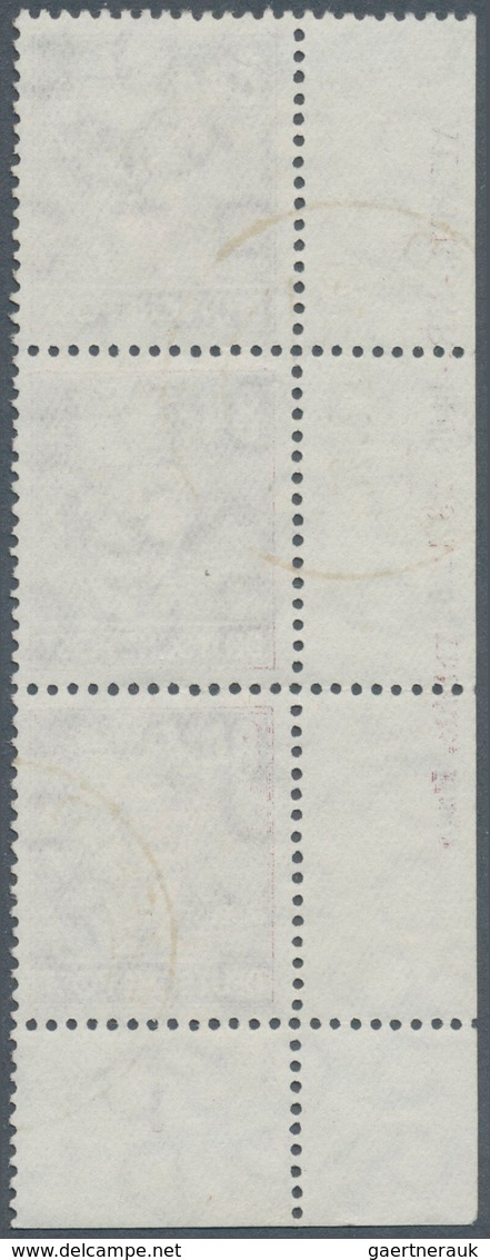 20231 DDR: 1953, 84 Pf Braunkarmin Köpfe, Senkr. 3er-Streifen Von Der Li. Unteren Bogenecke Mit Druckkontr - Other & Unclassified