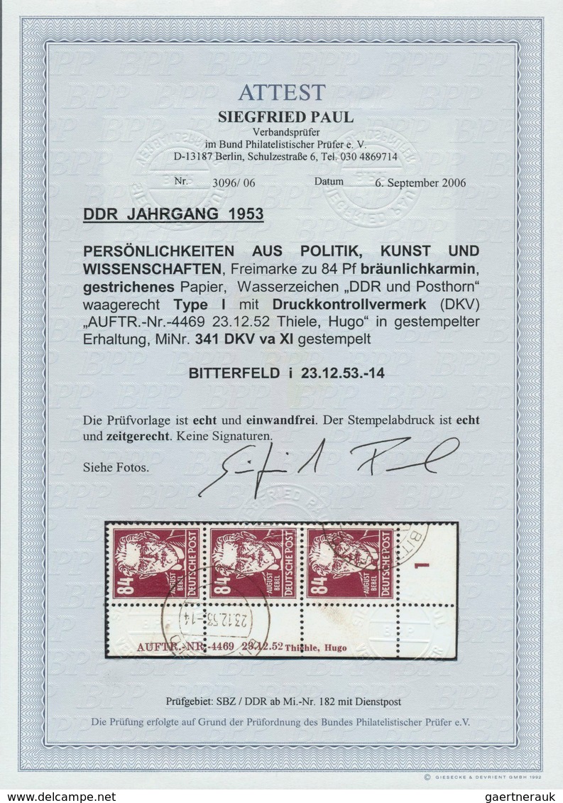 20231 DDR: 1953, 84 Pf Braunkarmin Köpfe, Senkr. 3er-Streifen Von Der Li. Unteren Bogenecke Mit Druckkontr - Other & Unclassified