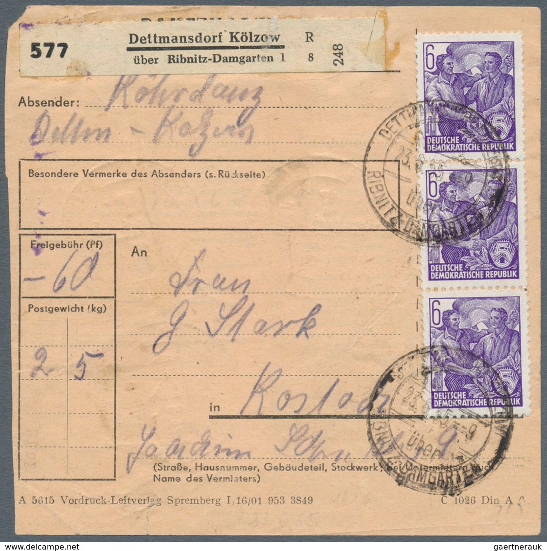 20240 DDR: 1953, 6 Pf Blauviolett Fünfjahrplan, 10 Stück Als Portogerechte Massen-MeF Auf Paketkarte Von D - Other & Unclassified