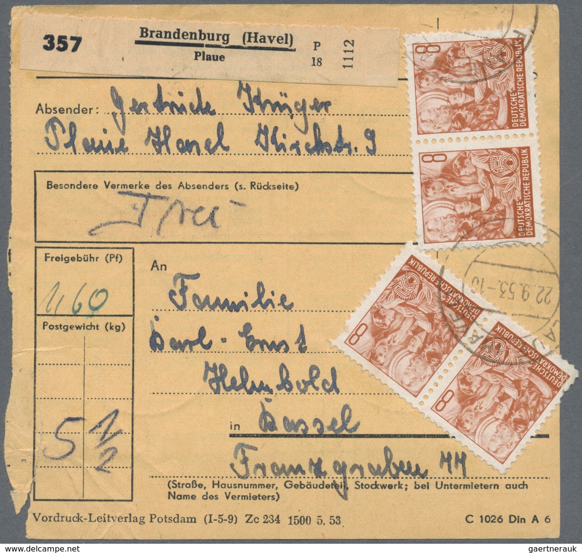 20241 DDR: 1953, 8 Pf Dkl'braunorange Fünfjahrplan, 15 Stück Als Massen-MeF Auf Paketkarte Von Ducherow, 2 - Other & Unclassified