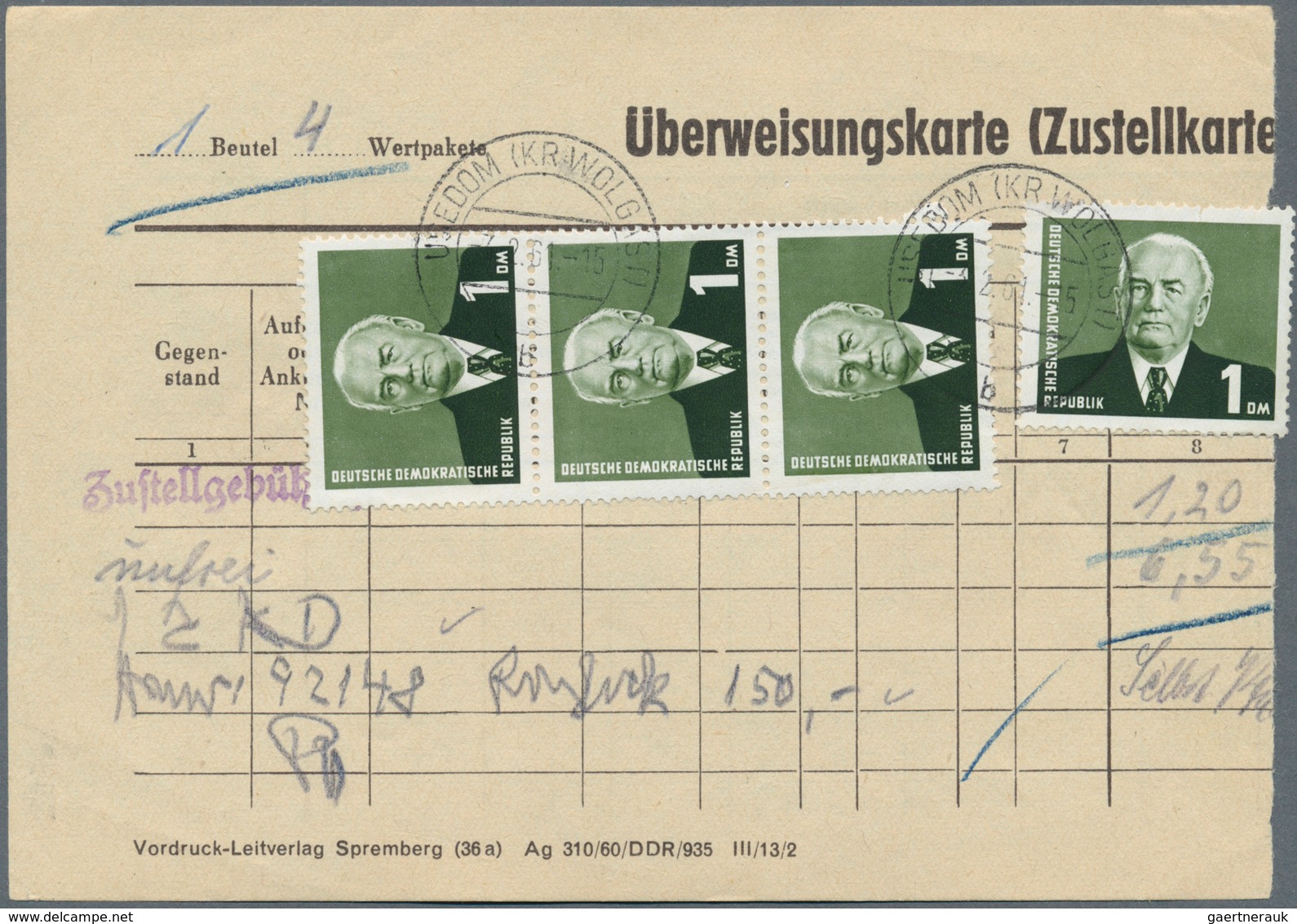 20266 DDR: 1958, 1 M Schwarzoliv Pieck, 4 Stück Als Portogerechte MeF Auf Überweisungkarte (Zustellkarte) - Other & Unclassified