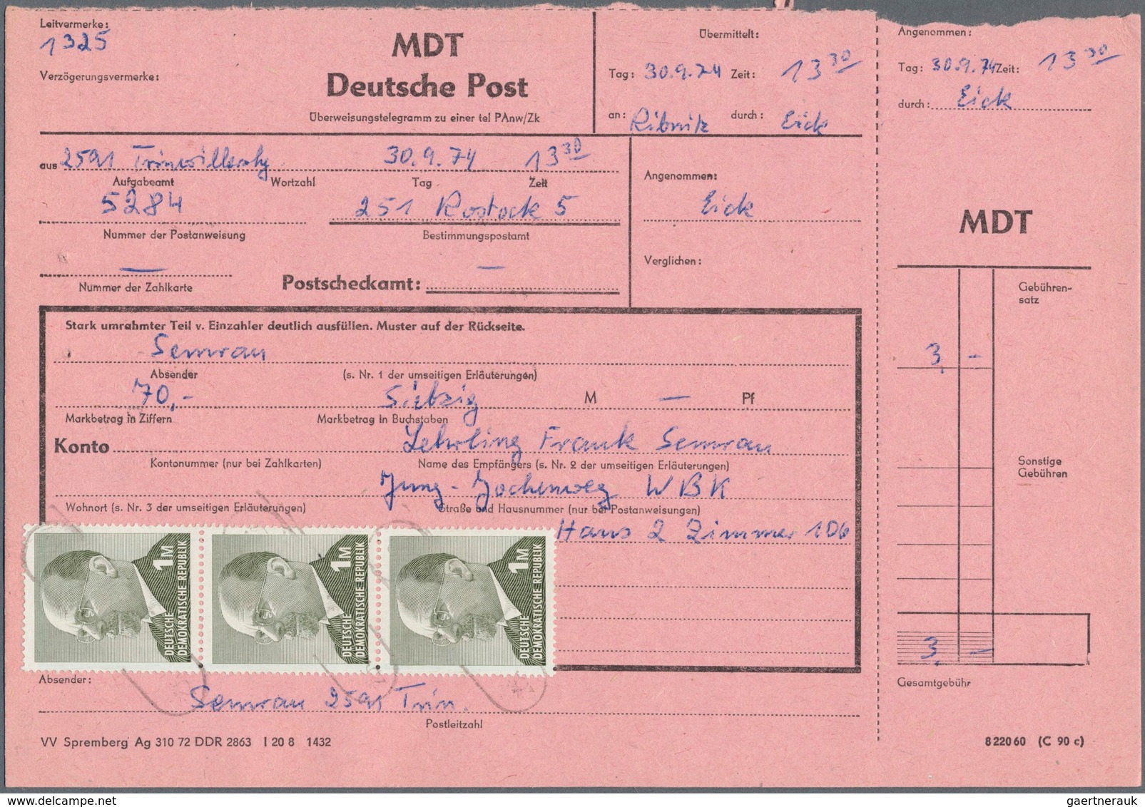 20271 DDR: 1963, 1 M Ulbricht, Senkr. 3er-Streifen Als Portogerechte MeF Auf Überweisungstelegramm (MDT) ü - Other & Unclassified