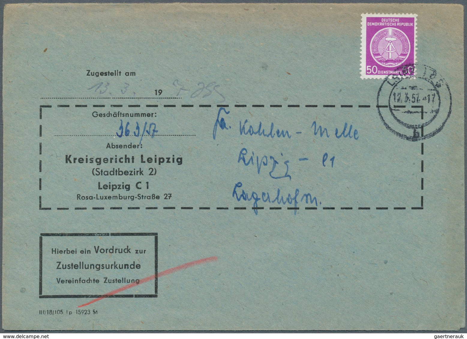 20370 DDR - Dienstmarken A (Verwaltungspost B): 1954, 50 Pf Violettpurpur, Portogerechte Einzelfrankatur, - Other & Unclassified