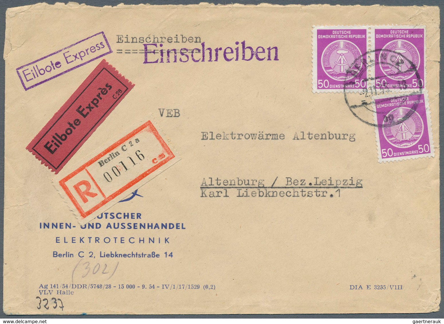 20372 DDR - Dienstmarken A (Verwaltungspost B): 1954, 50 Pf Violettpurpur, Je 3 Stück Als Portogerechte Me - Other & Unclassified