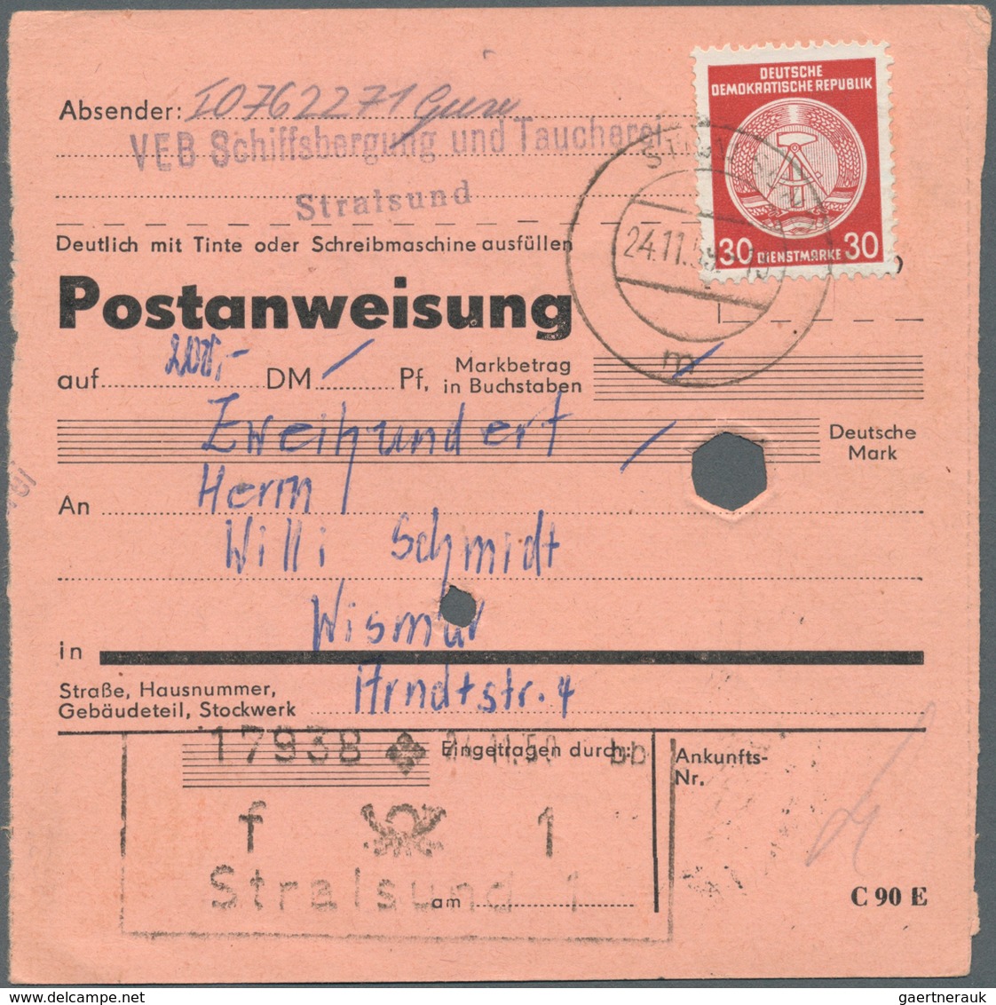 20377 DDR - Dienstmarken A (Verwaltungspost B): 1954, 2 X 30 Pf Bräunlichrot, MeF Auf Postanweisung über 2 - Other & Unclassified