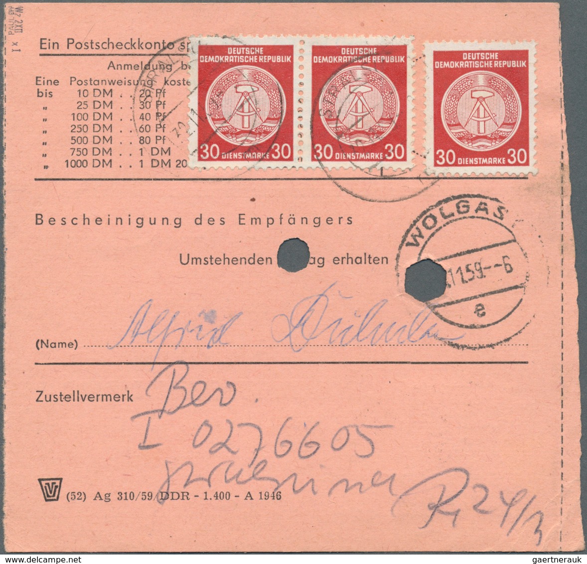 20378 DDR - Dienstmarken A (Verwaltungspost B): 1954, 4 X 30 Pf Bräunlichrot, MeF Auf Postanweisung über 1 - Other & Unclassified