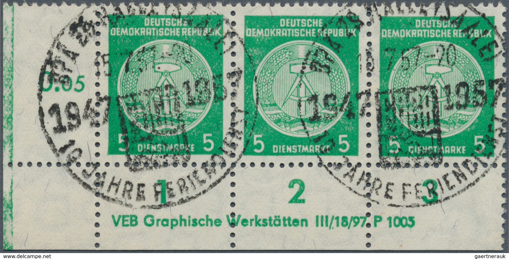 20382 DDR - Dienstmarken A (Verwaltungspost B): 1956, 5 Pf Smaragdgrün, Waager. 3er-Streifen Von Der Li. U - Other & Unclassified