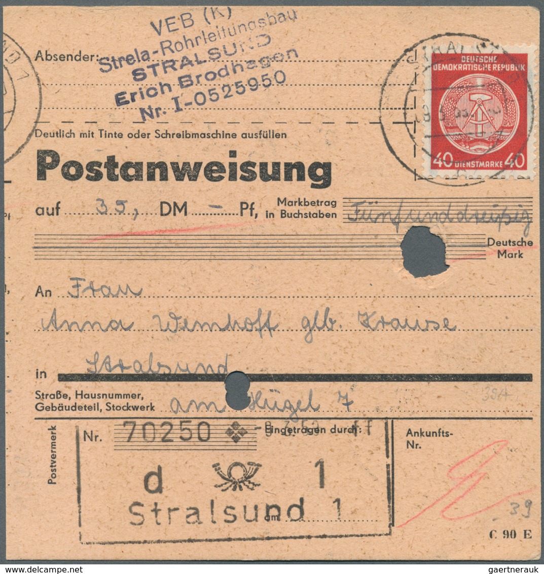 20385 DDR - Dienstmarken A (Verwaltungspost B): 1957, 40 Pf Rot, EF Auf Postanweisung über 35 Mark Im Orts - Other & Unclassified