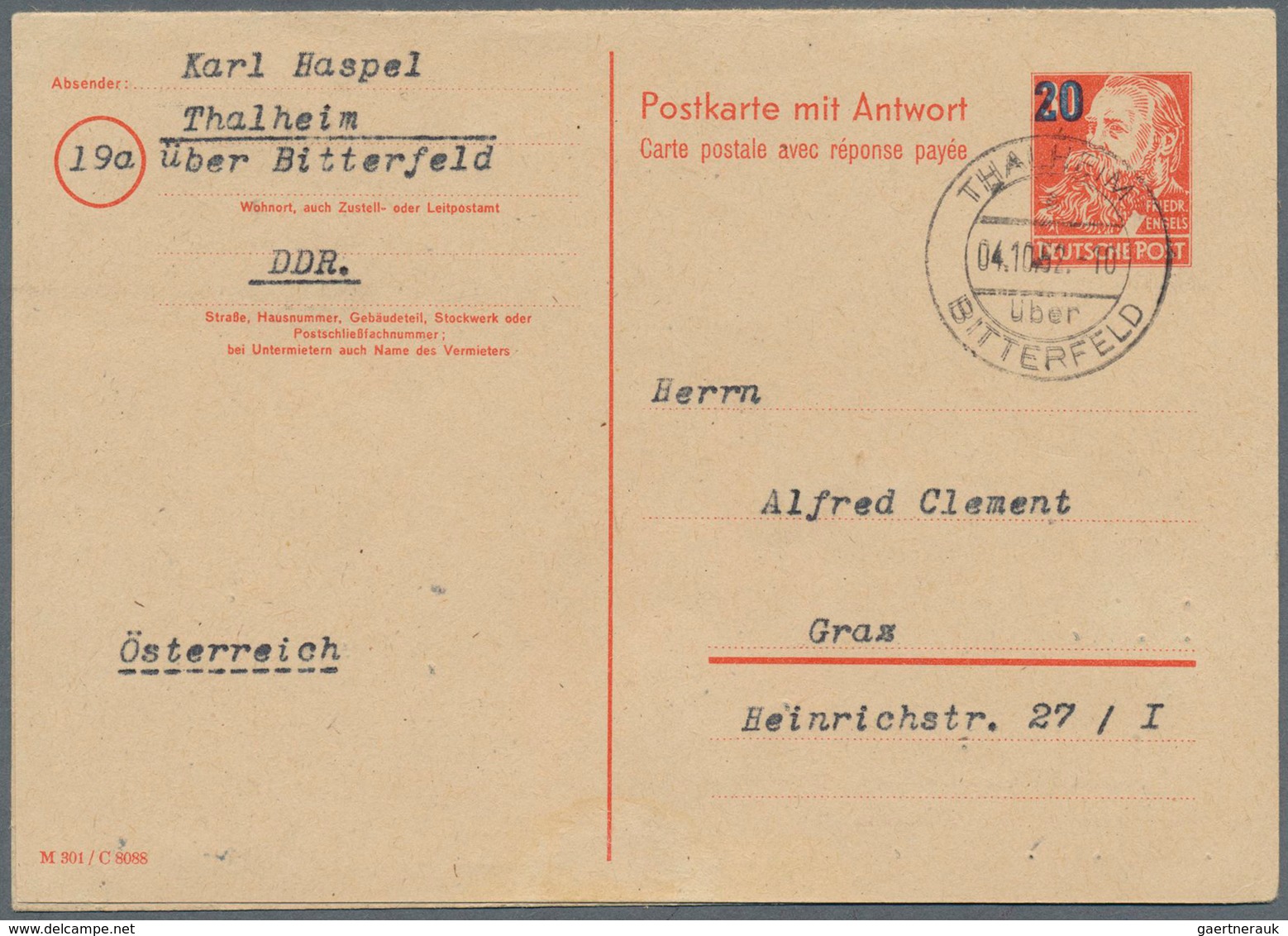 20410 DDR - Ganzsachen: 1952, 20 A. 30 Pf Rot Köpfe Antwortdoppelkarte, Zusammenhängend Hin- Und Zurück Ve - Other & Unclassified