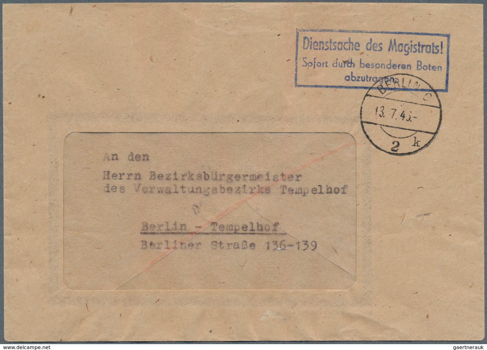 20500 Berlin - Vorläufer: 1945, MAGISTRATSPOST, Umschlag Ab BERLIUN C2k 13.7.45 Mit Vorgeschriebenem Hinwe - Covers & Documents