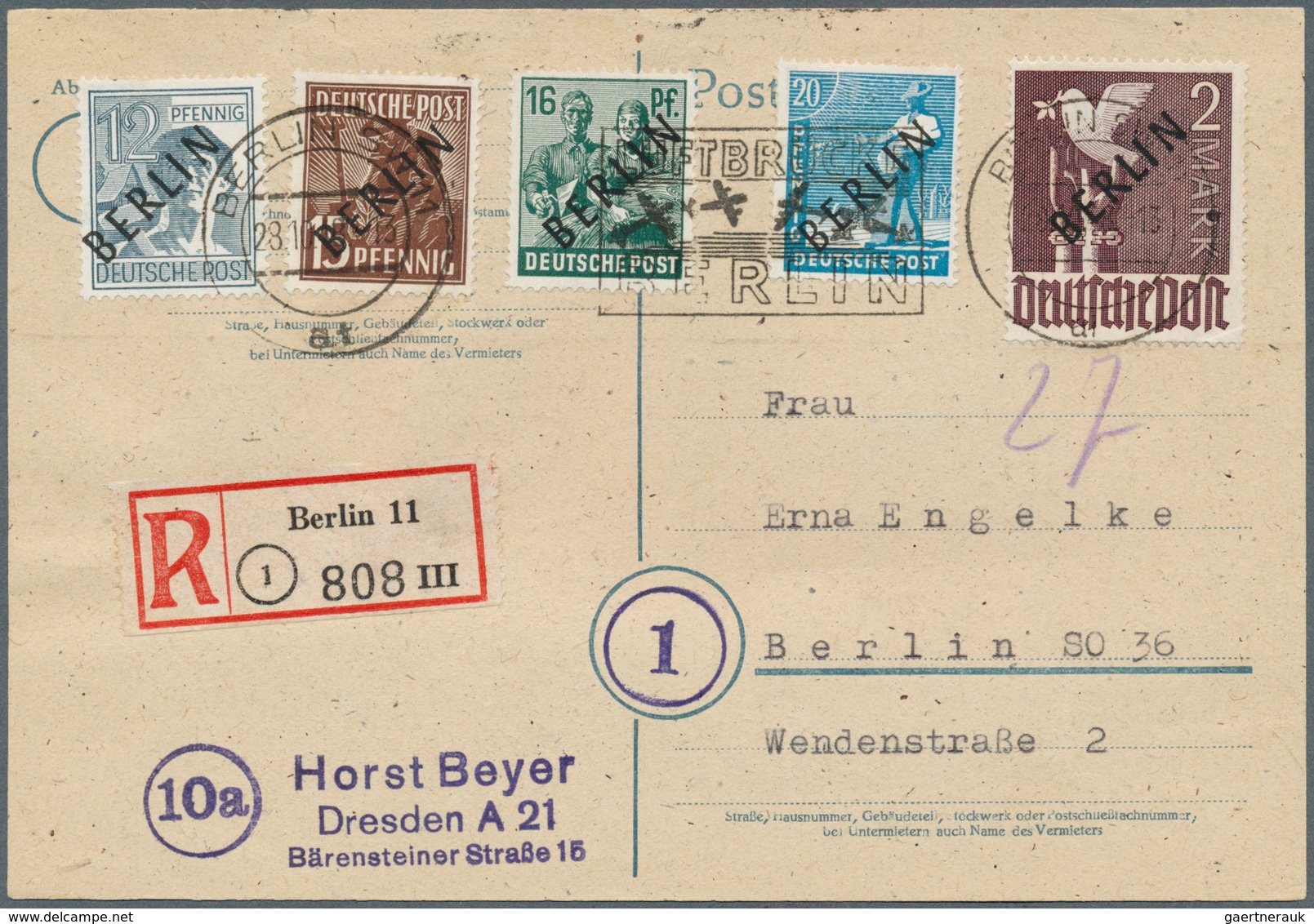 20506 Berlin: 1948, Schwarzaufdruck 2 Pfg. Bis 5 Mark, Kompletter Satz Auf Vier Philatelistischen Orts-R-K - Other & Unclassified
