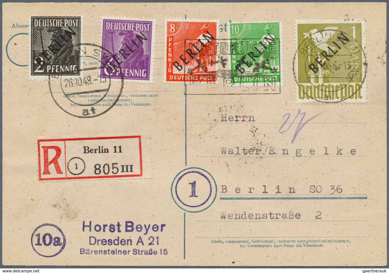 20506 Berlin: 1948, Schwarzaufdruck 2 Pfg. Bis 5 Mark, Kompletter Satz Auf Vier Philatelistischen Orts-R-K - Other & Unclassified
