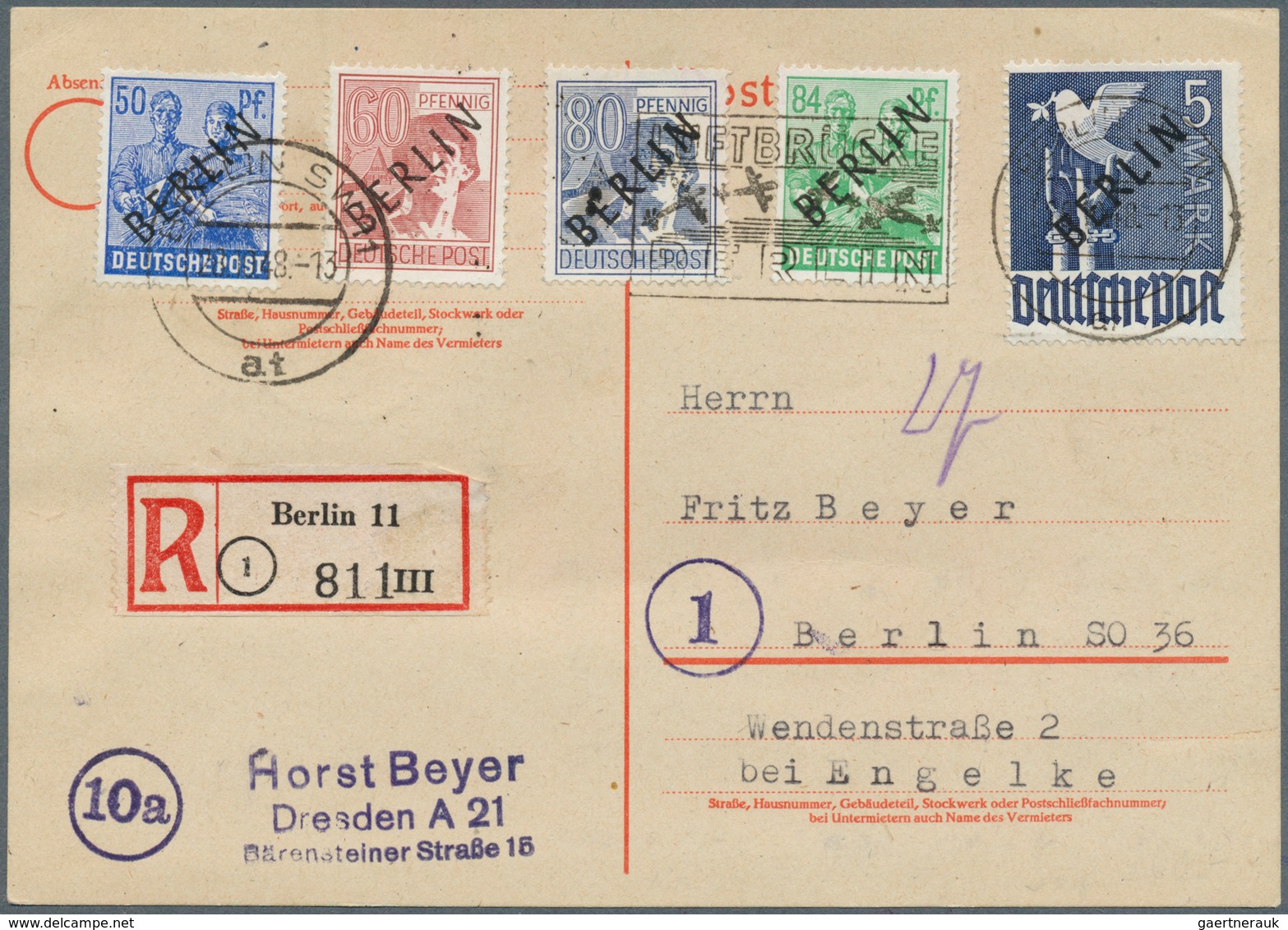 20506 Berlin: 1948, Schwarzaufdruck 2 Pfg. bis 5 Mark, kompletter Satz auf vier philatelistischen Orts-R-K