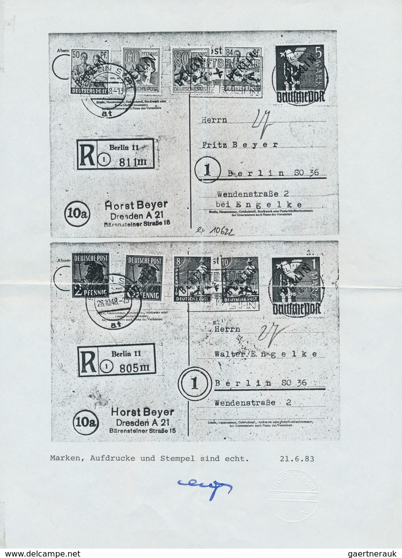 20506 Berlin: 1948, Schwarzaufdruck 2 Pfg. bis 5 Mark, kompletter Satz auf vier philatelistischen Orts-R-K