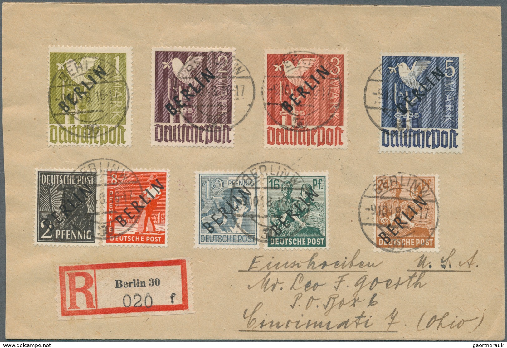 20507 Berlin: 1948, 2 Pfg. Bis 5 M. Schwarzaufdruck Komplett Auf Zwei R-Briefen Von "BERLIN W30 9.10.48" I - Autres & Non Classés