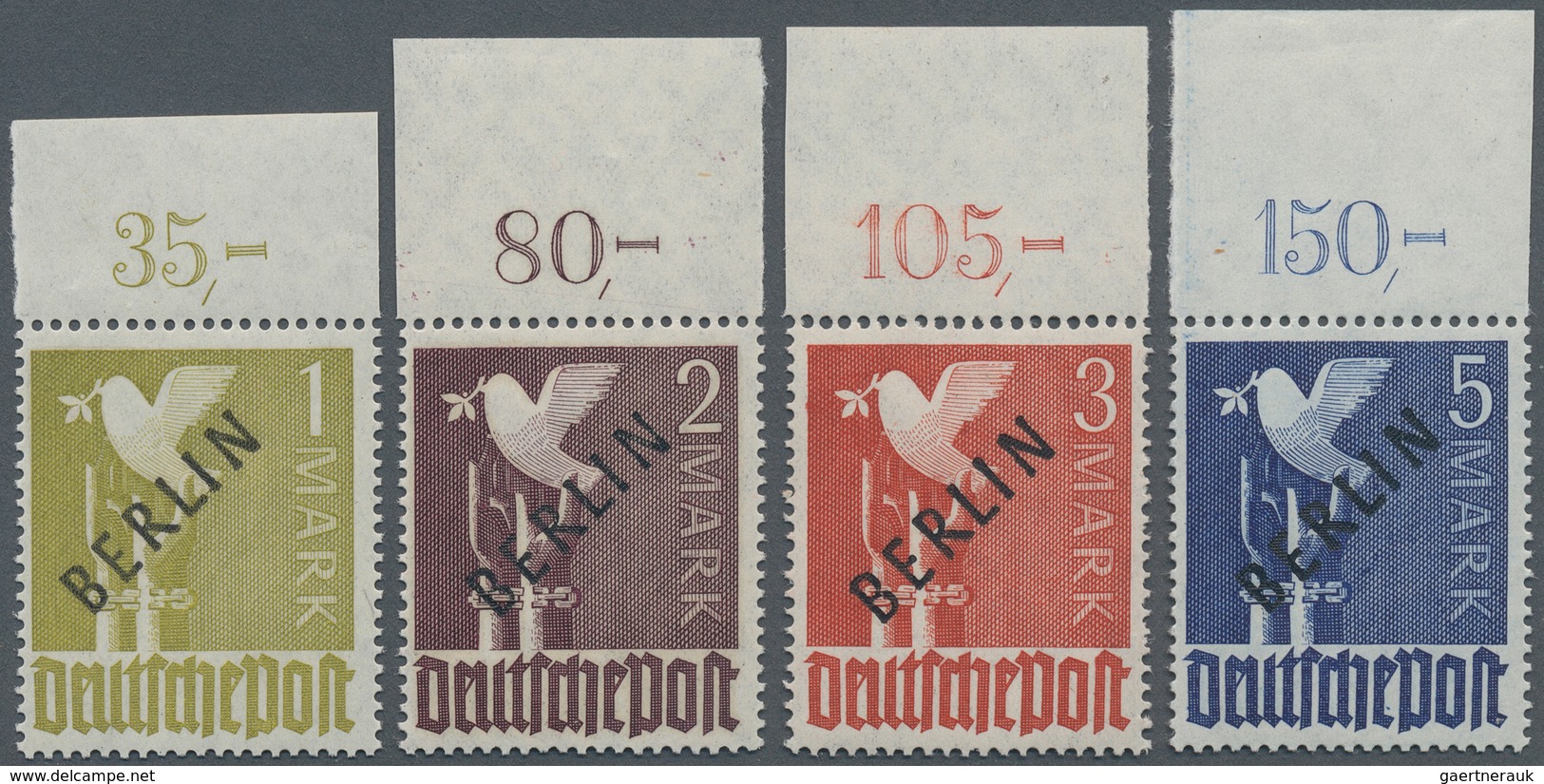 20515 Berlin: 1948, Schwarzaufdruck 1 Mark Bis 5 Mark, Vier Oberrandstücke Mit Nicht Durchgezähntem Rand, - Other & Unclassified