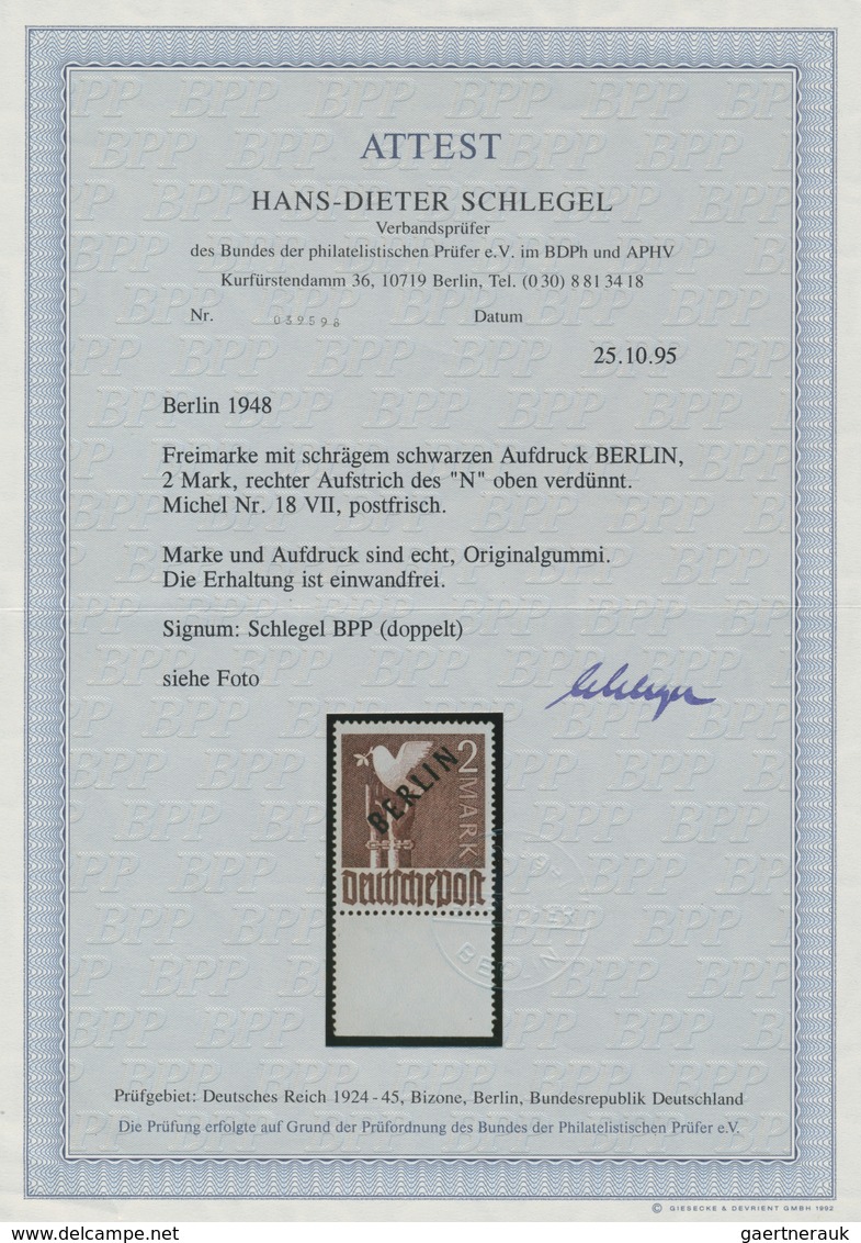 20517 Berlin: 1948, 1 M. Bis 5 M. Schwarzaufdruck Je Mit Aufdruckfehler "rechter Aufstrich Des N Oben Verd - Autres & Non Classés