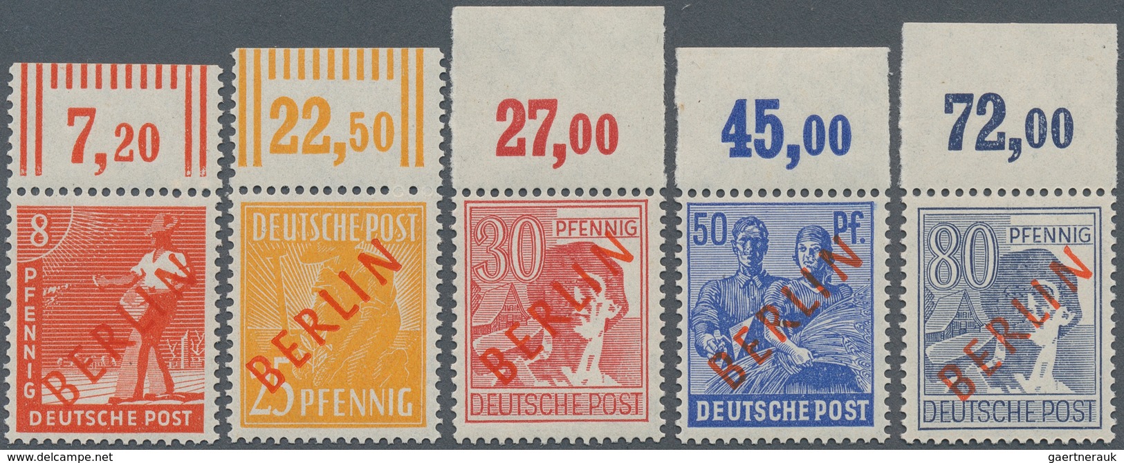 20524 Berlin: 1949, Rotaufdruck, Fünf Oberrandstücke: 23 WOR, 27 WOR, 28 POR Ndgz, 30 POR Ndgz, 32 POR Ndg - Other & Unclassified