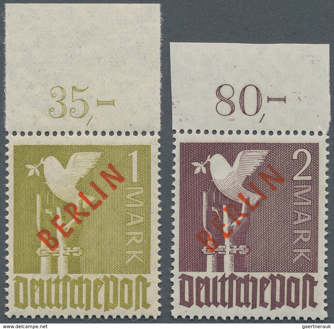 20532 Berlin: 1949, Rotaufdruck 1 Mark Und 2 Mark, Zwei Oberrandstücke Mit Nicht Durchgezähntem Rand (2 Ma - Other & Unclassified