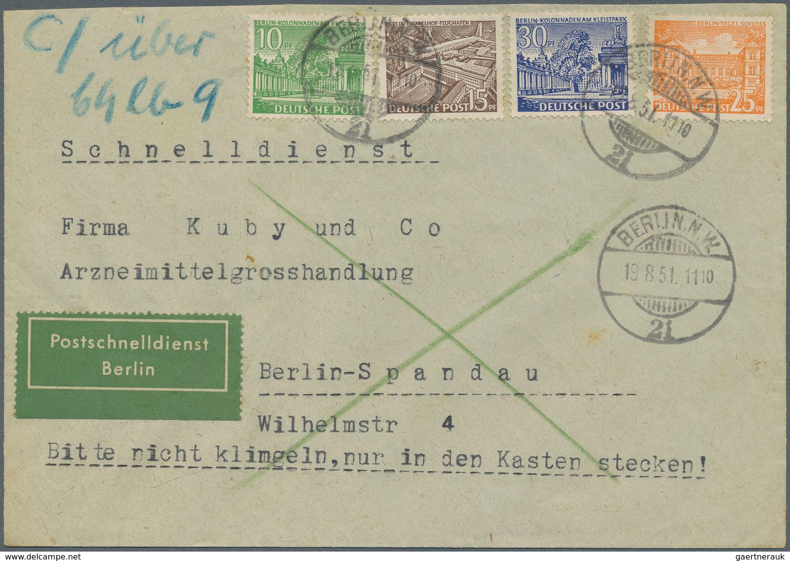 20546 Berlin: 1951, Postschnelldienstbrief Mit 10, 15, 25 Und 30 Pf Bauten I, Von "BERLIN-NW 21 19.8.51" ü - Andere & Zonder Classificatie
