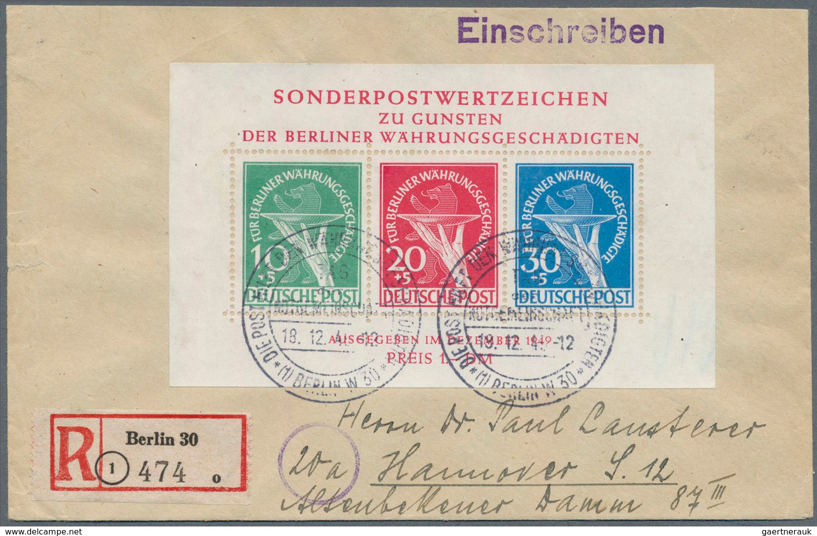 20558 Berlin: 1949, Blockausgabe Währungsgeschädigte Auf R-Brief Von Berlin Nach Hannover, Portogerecht Fr - Other & Unclassified