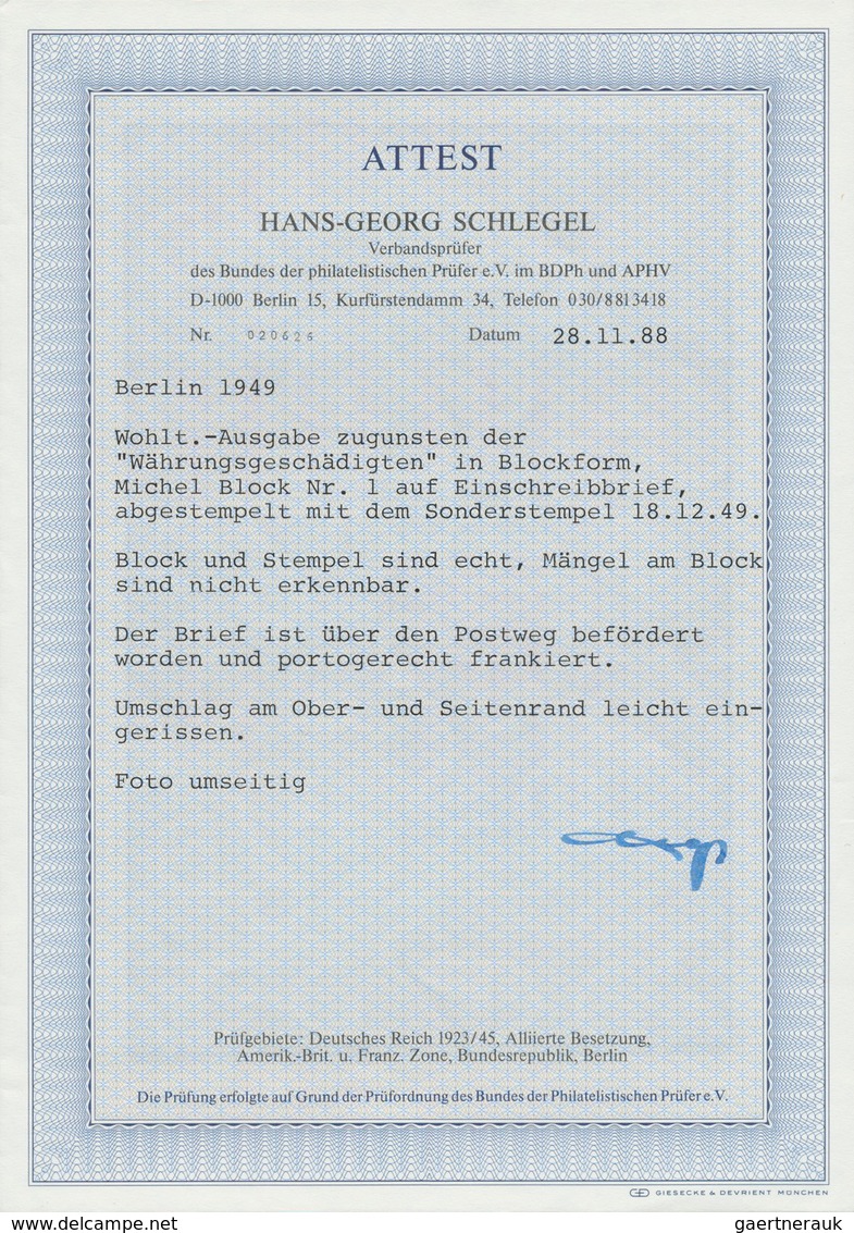 20558 Berlin: 1949, Blockausgabe Währungsgeschädigte Auf R-Brief Von Berlin Nach Hannover, Portogerecht Fr - Other & Unclassified