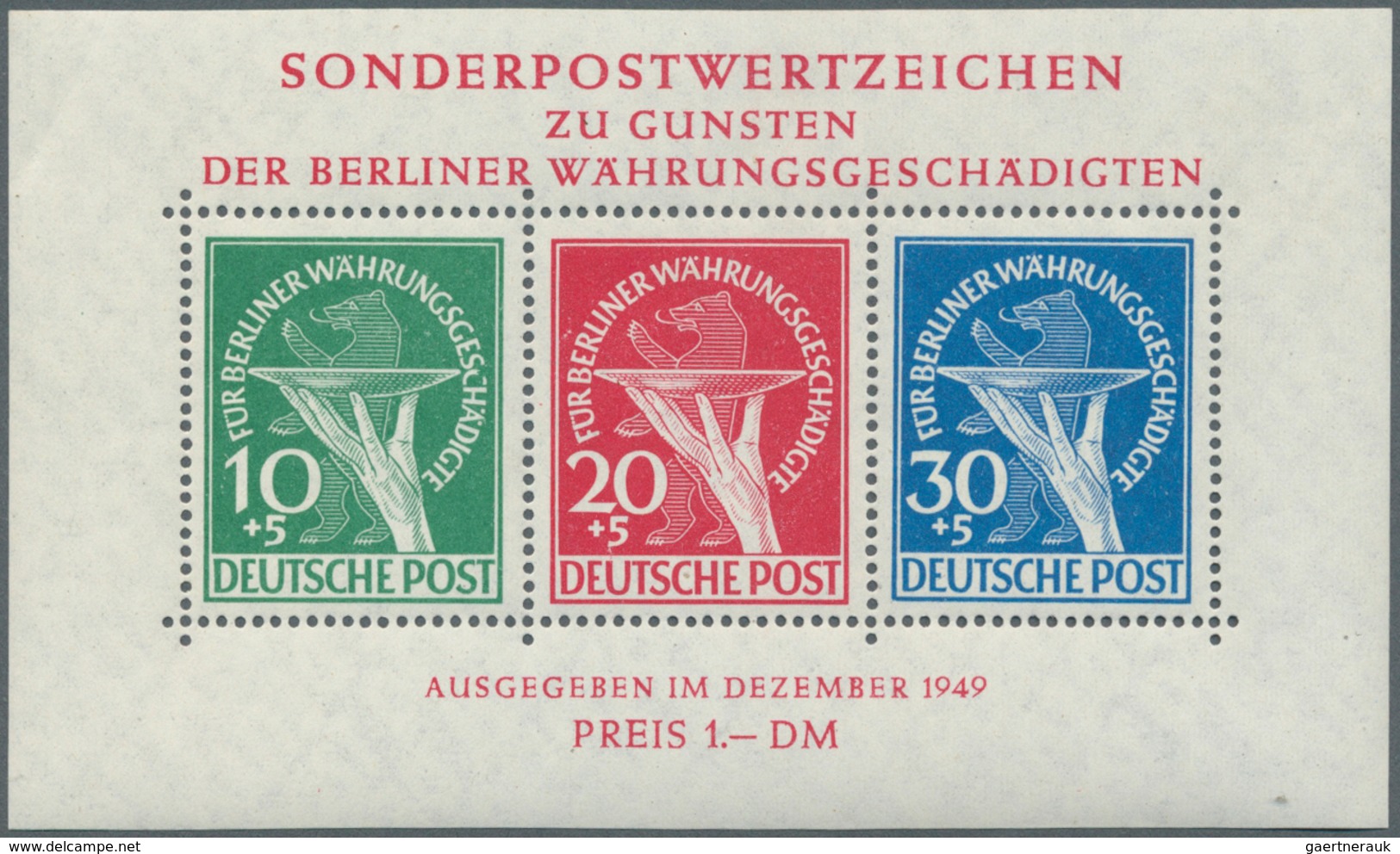 20562 Berlin: 1949, Währungsgeschädigten-Block (110 X 65 Mm) Mit Beiden Plattenfehlern Auf Den 10 Pf. Und - Other & Unclassified