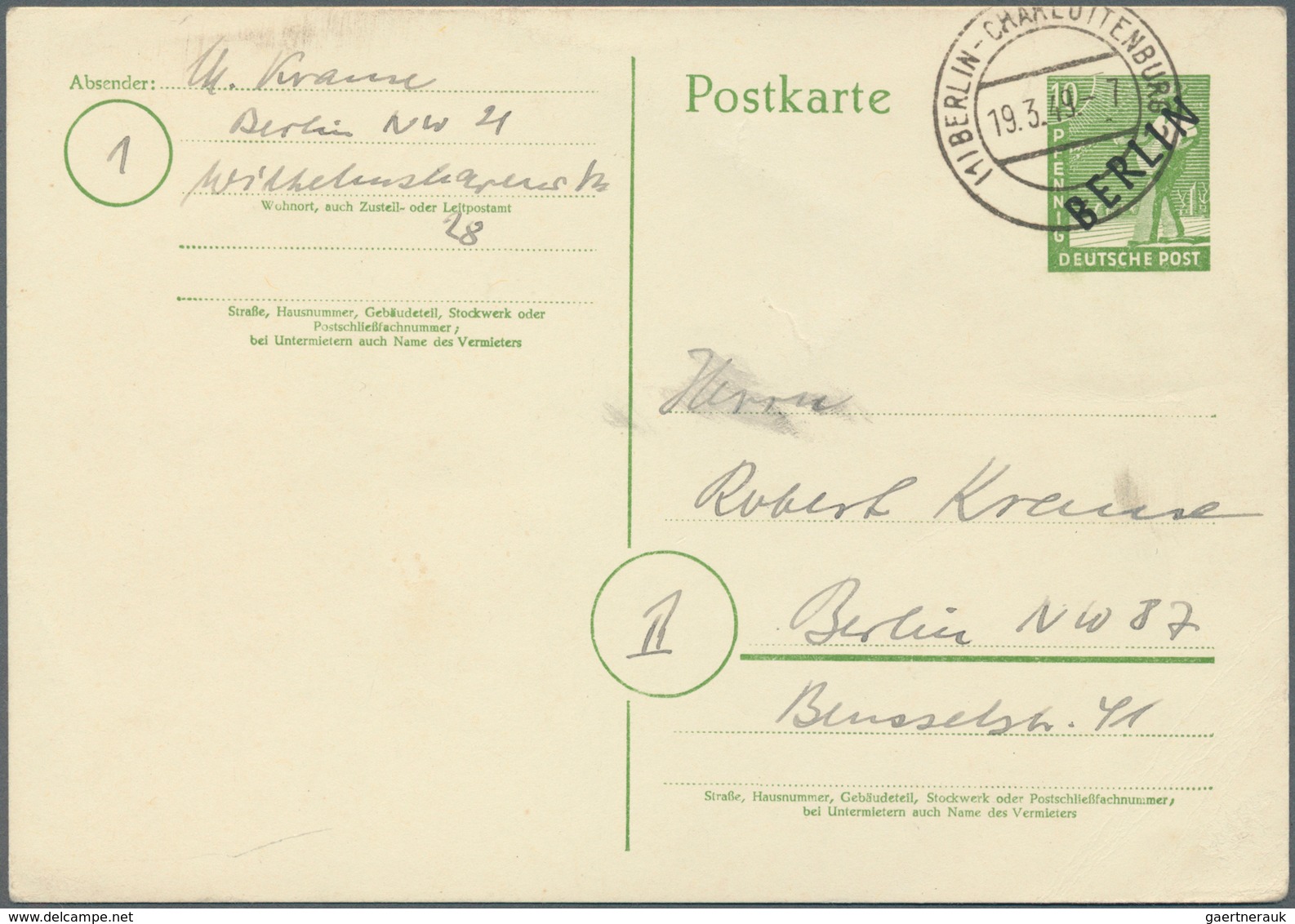 20601 Berlin - Ganzsachen: 1949, Ganzachenkarte Mit 10 Pfg. Schwarzaufdruck Weißer, Dicker Karton Als Orts - Sonstige & Ohne Zuordnung