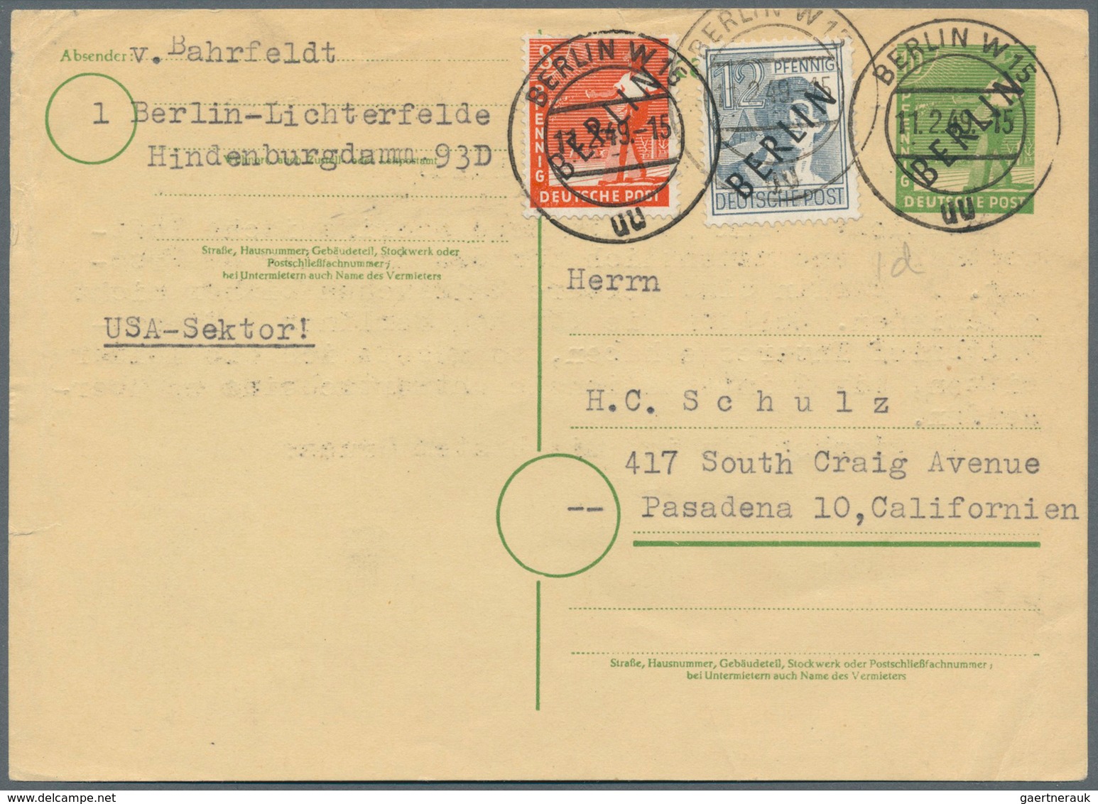 20602 Berlin - Ganzsachen: 1949, Postkarte 10 Pf Grün Sämann, Karton Rahmfarben, 1. Zeile Anschrifthinweis - Other & Unclassified