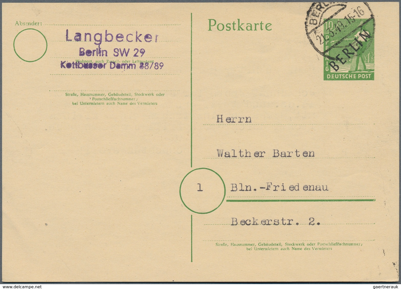20603 Berlin - Ganzsachen: 1949: Schwarzaufdruck 10 Pfg In Sehr Sauberer Bedarfsverwendung, Seltenes Stück - Other & Unclassified