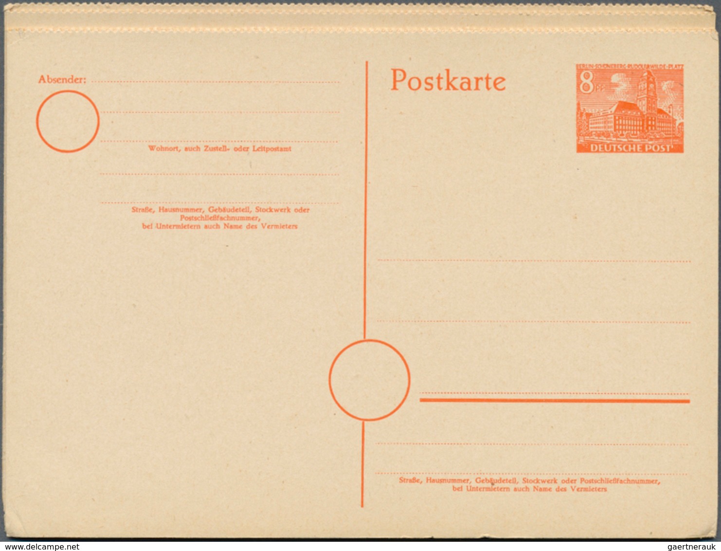 20605 Berlin - Ganzsachen: 1952. Postkarte 8 Pf Rotorange Rathaus Im Gezähnten, Senkrechten 8er-Streifen M - Sonstige & Ohne Zuordnung