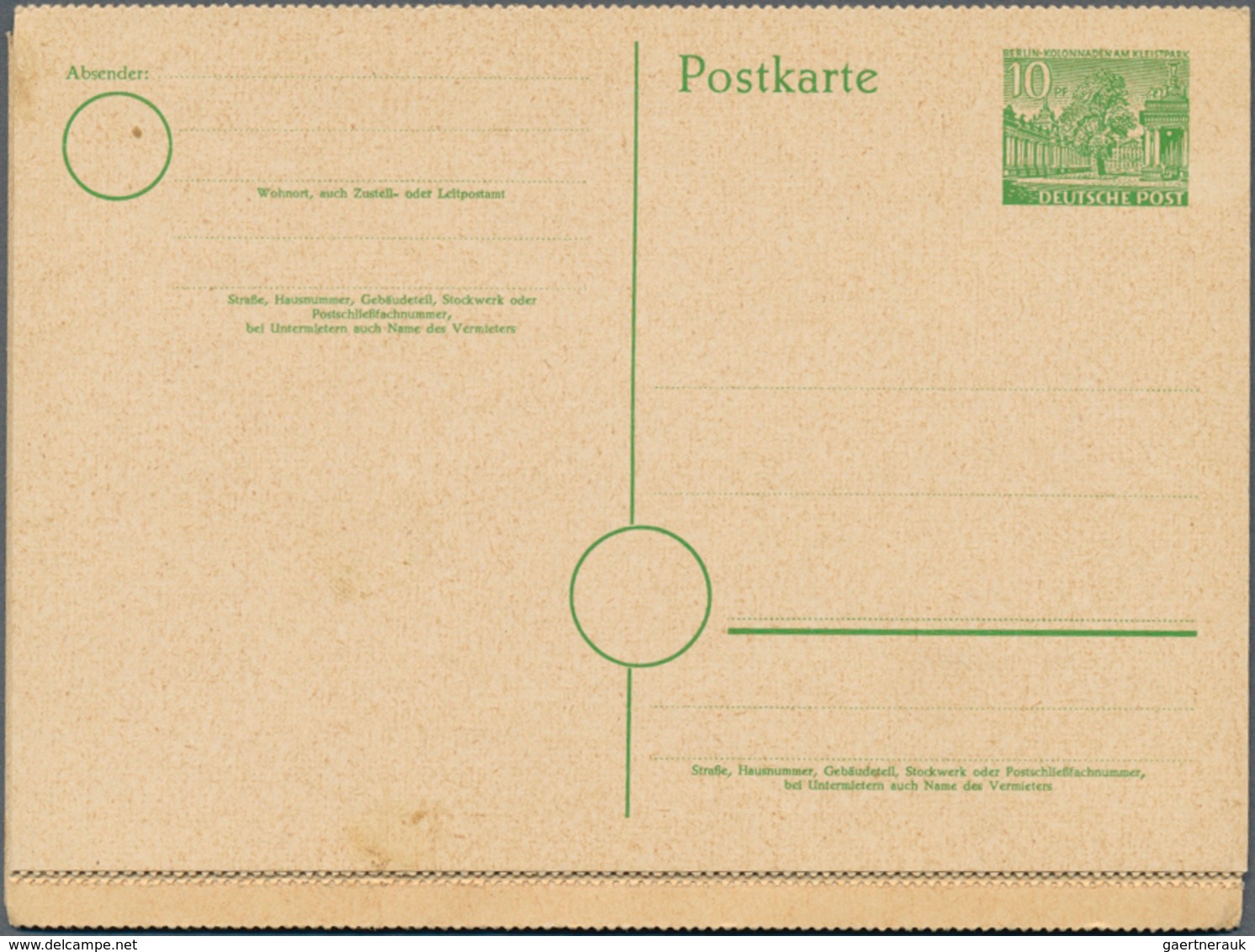 20606 Berlin - Ganzsachen: 1952. Postkarte 10 Pf Grün Kolonnaden Im Gezähnten, Senkrechten 8er-Streifen Mi - Sonstige & Ohne Zuordnung