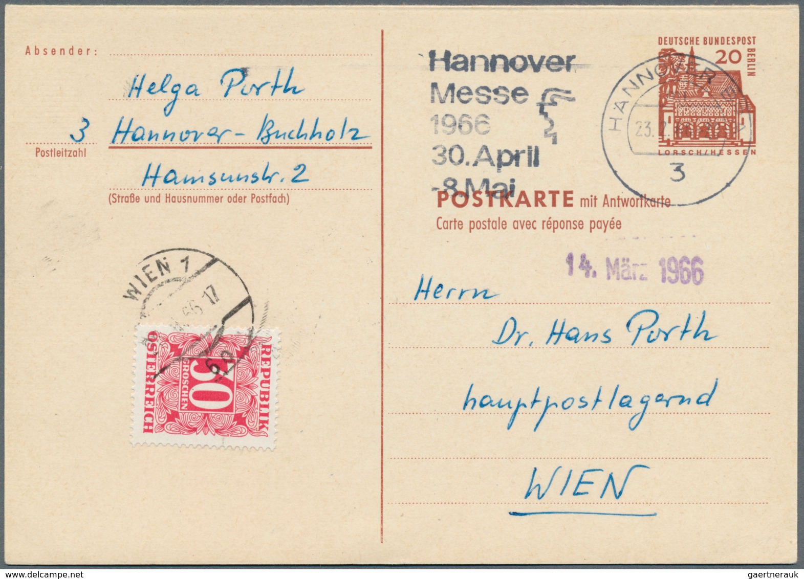 20609 Berlin - Ganzsachen: 1966: Lorsch 20 Pfg Auslands-Antwortkarte. Beide Teile Zusammenhängend Und Aus - Other & Unclassified
