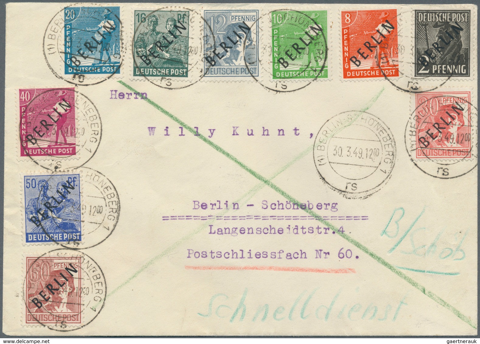 20613 Berlin - Postschnelldienst: 1949, Schnelldienstbrief Mit 10 Werten Schwarzaufdruck, Zusammen DM 2,48 - Covers & Documents