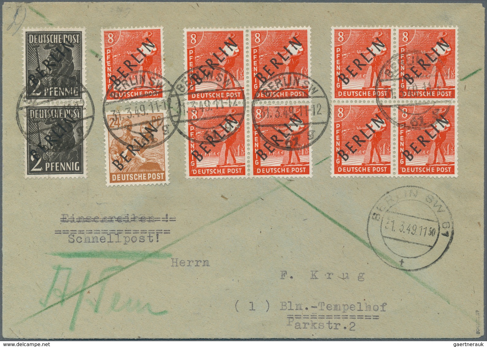 20616 Berlin - Postschnelldienst: 1949, Schnelldienstbrief Im Tarif I 1.- DM Mit 2 X 2, 9 X 8 Und 1 X 24 P - Covers & Documents