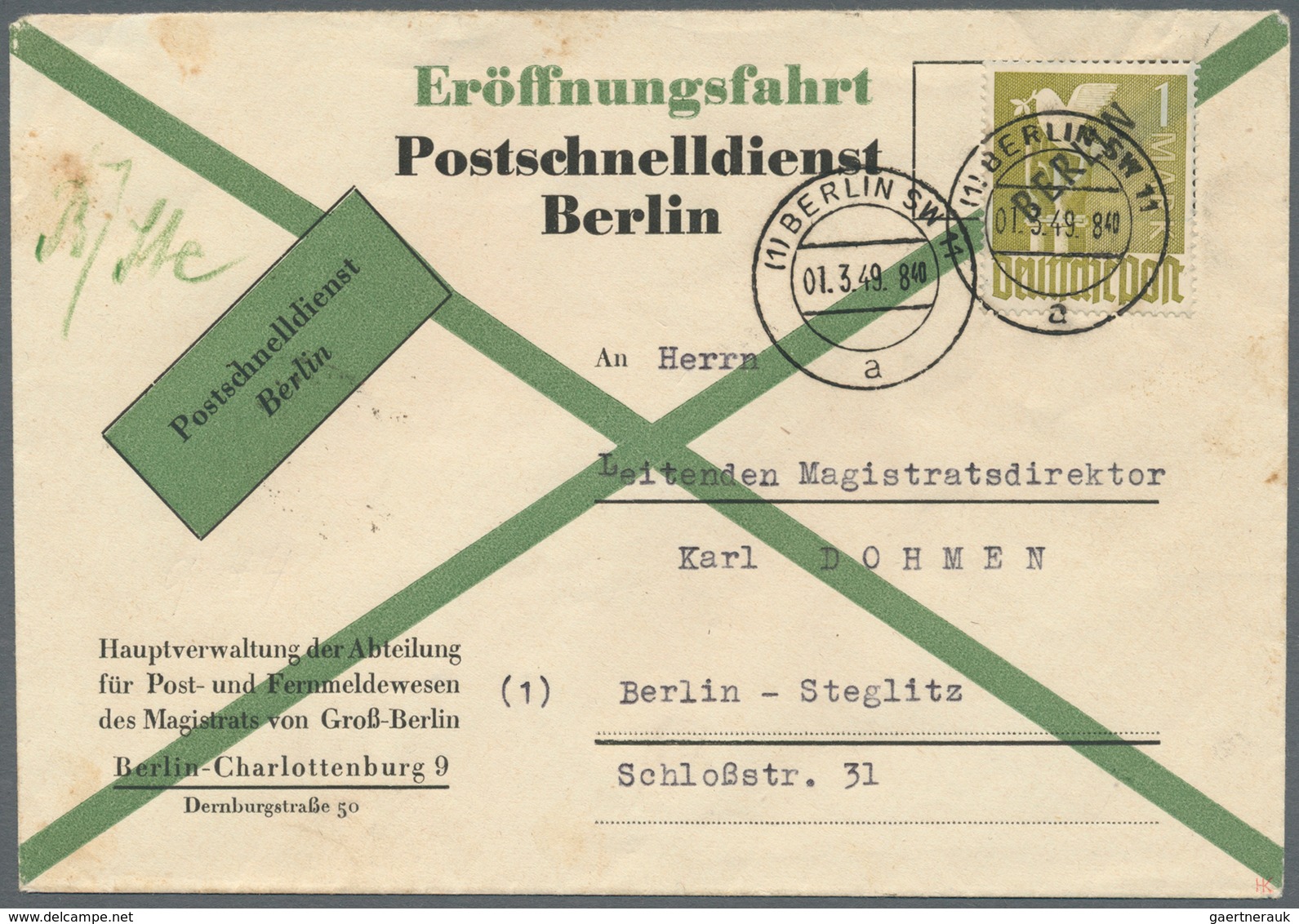 20620 Berlin - Postschnelldienst: 1949, 1.3.: Amtlicher Umschlag Zur Eröffnung Des Postschnelldienst Mit 1 - Lettres & Documents