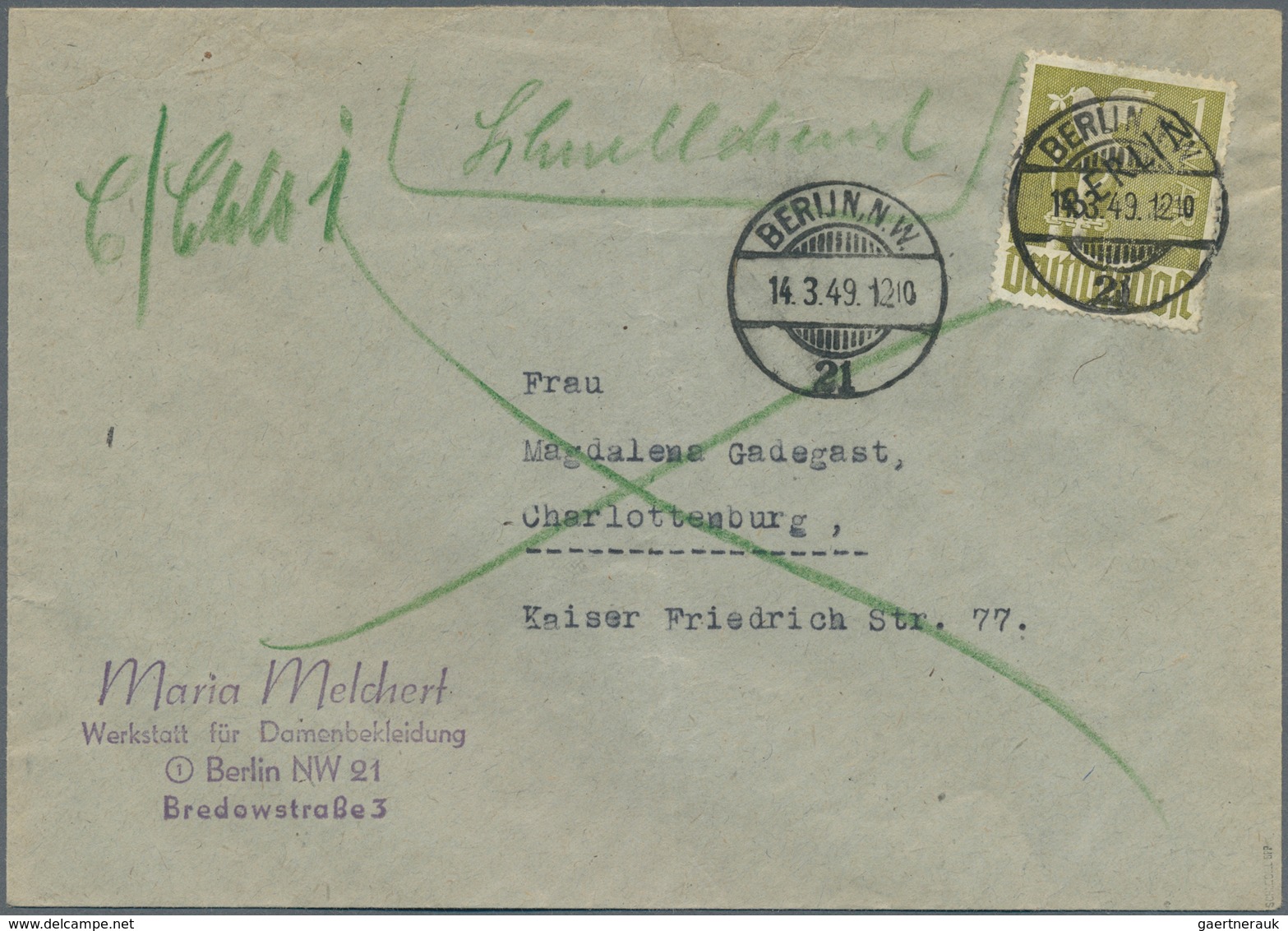 20623 Berlin - Postschnelldienst: 1949, PSD-Brief Mit 1.- DM SA Als EF  Ab NW 21 14.3.49  12.10 Uhr über L - Covers & Documents