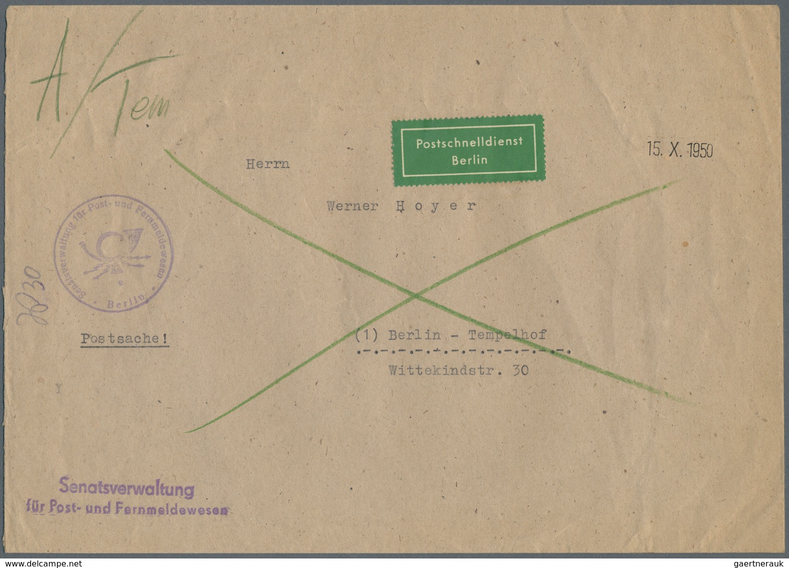 20624 Berlin - Postschnelldienst: 1949, Umschlag Cirka B5 Als Postsache, Gebührenfrei - Absender Senatsver - Covers & Documents