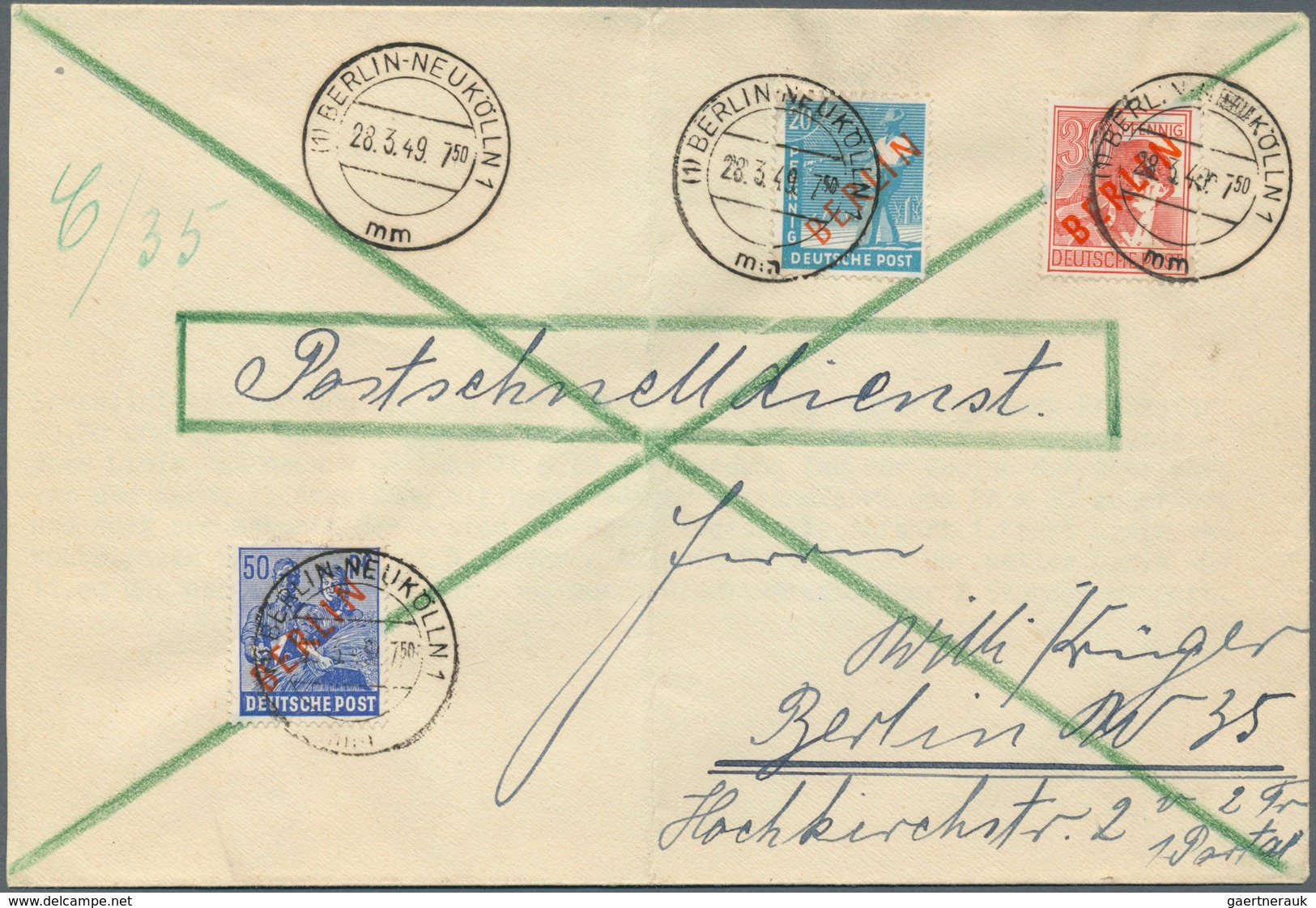 20625 Berlin - Postschnelldienst: 1949, Schnelldienstbrief 1.- DM Mit 20, 30 Und 50 Pfennig RA Ab Berlin-N - Covers & Documents